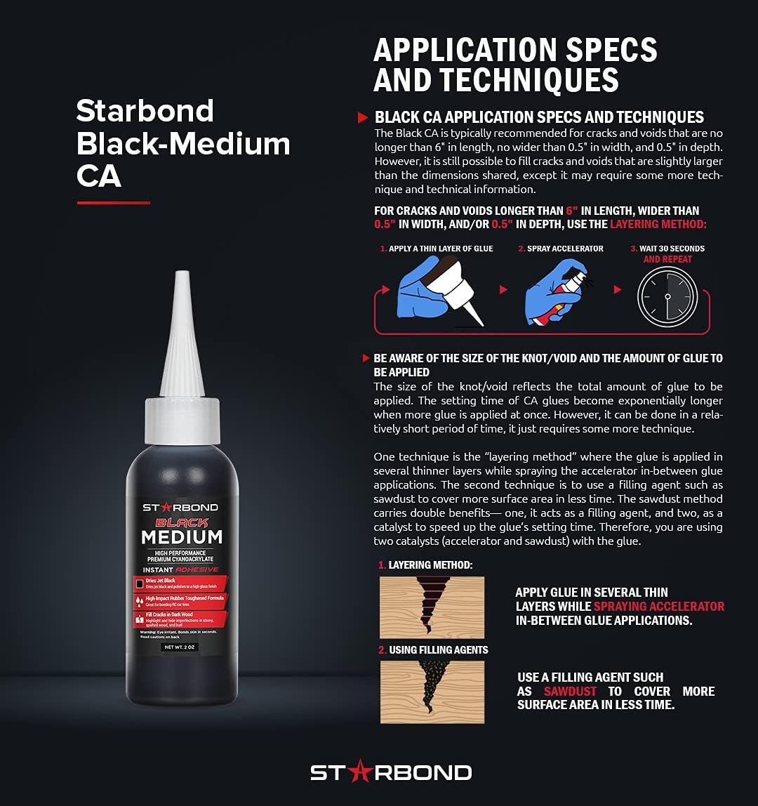 Starbond Black Medium CA Glue, Premium Cyanoacrylate Super Glue, Crack Filler 150 CPS Viscosity, for Woodworking, Woodturning, Carpentry, Guitar, RC, Hobby, 2oz - Image 6