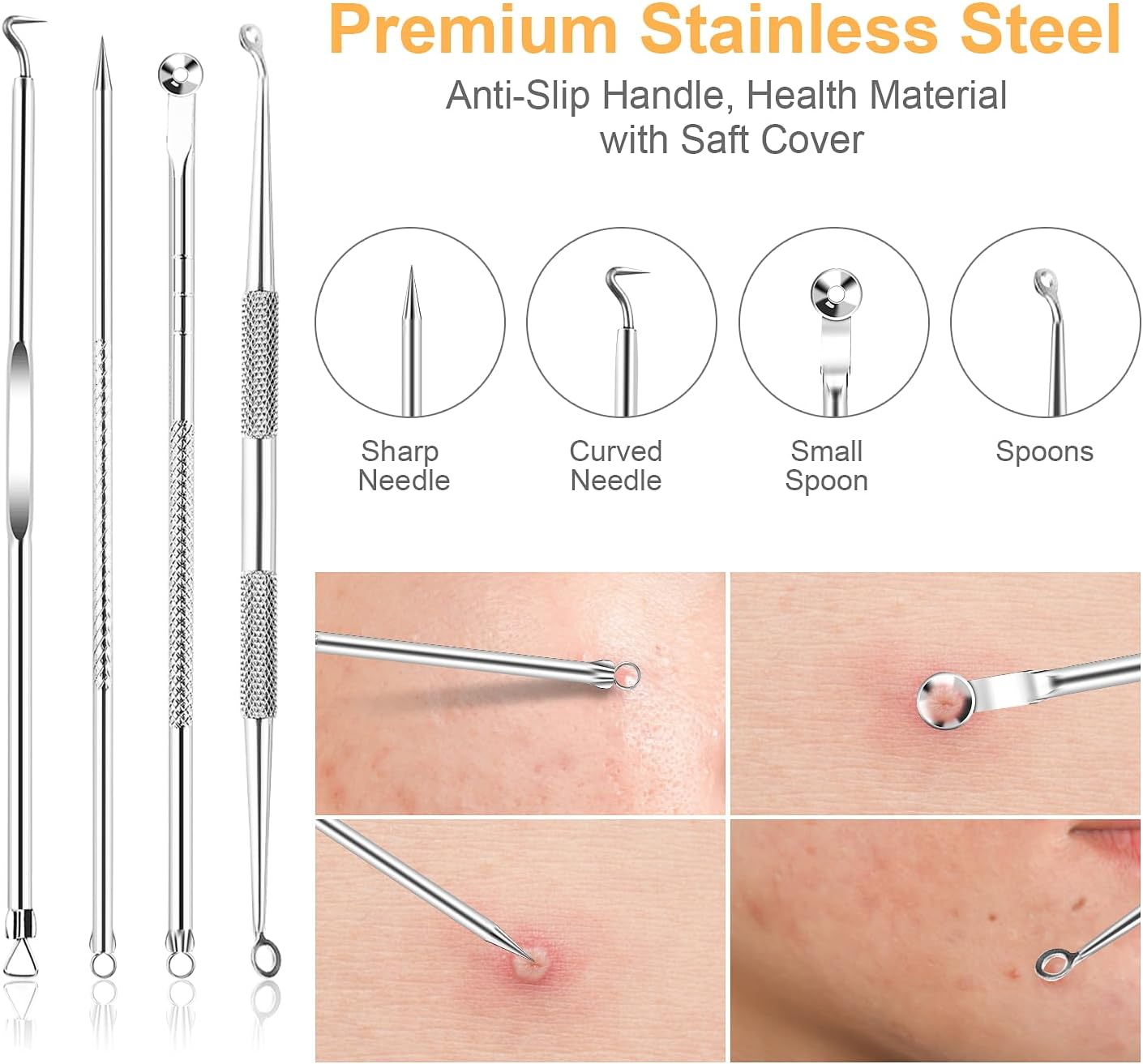 UUBAAR 9PCS Blackhead Remover Tools, Pimple Popper Tool Kit with 2 Tweezers, 304 Stainless Steel Comedone Extractor, 16 Precision Heads Face Nose Acne Zit Removal, Home Esthetician Use & Leather Case - Image 3