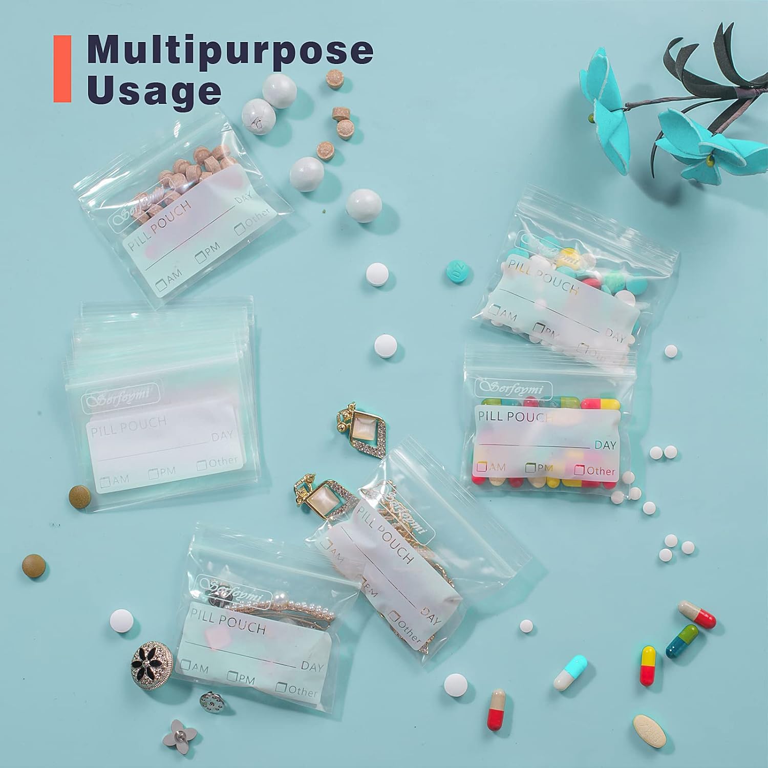 Serfeymi Pill Bags for Travel Pill Pouch Organizer Pack of 540 BPA Free 3 x 2.75 inch Reusable Pill Pouches for Medicine with Write on Label & Zipper Seal Waterproof AM PM Pill Baggies for Supplements - Image 5