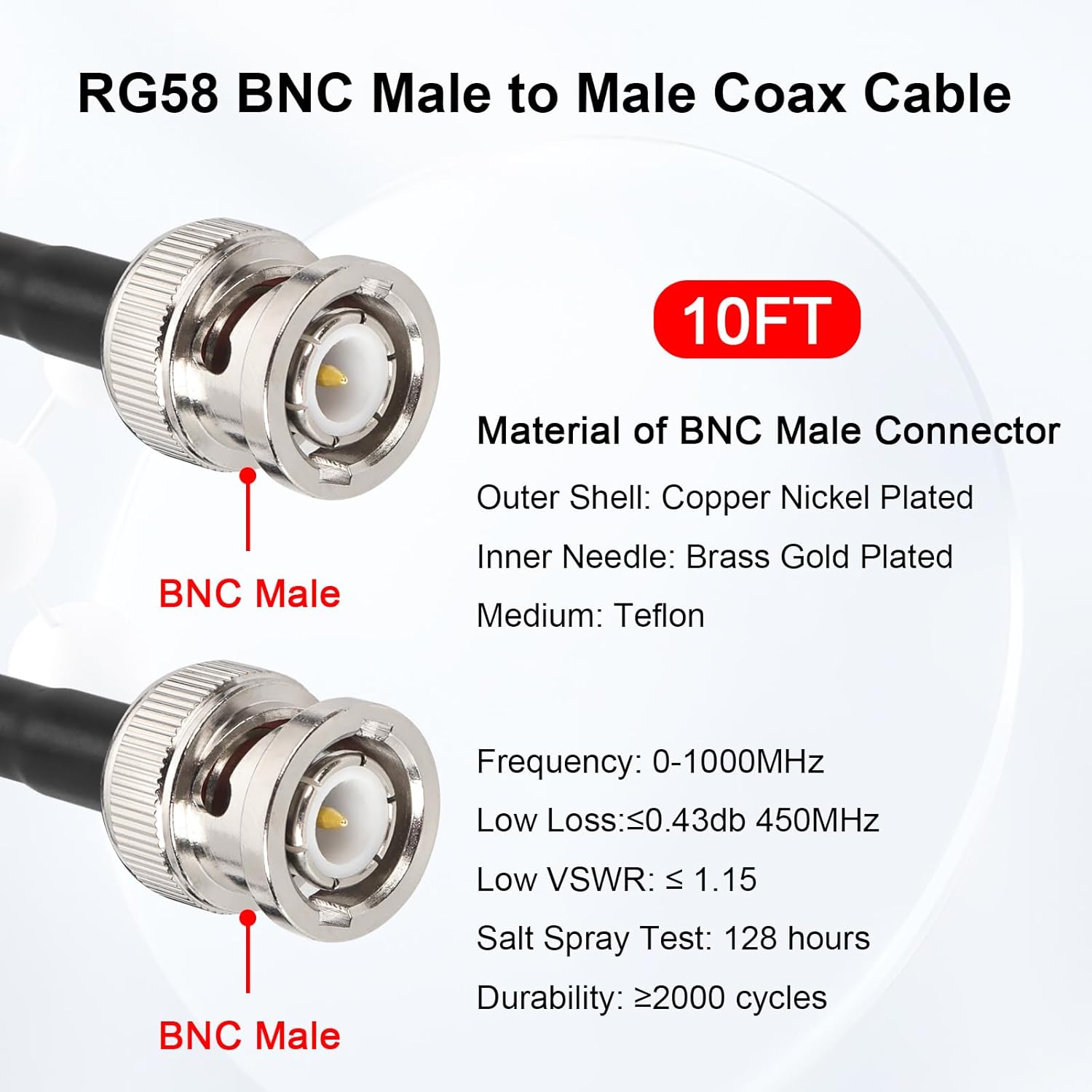 MOOKEERF 10FT RG58 50 ohm BNC Male to Male Coax Cable - Low Loss Extension Coaxial Cable with BNC Adapter Connector for Antennas, RF Radios, Modems, Oscilloscopes, Spectrum, etc (Red) - Image 2