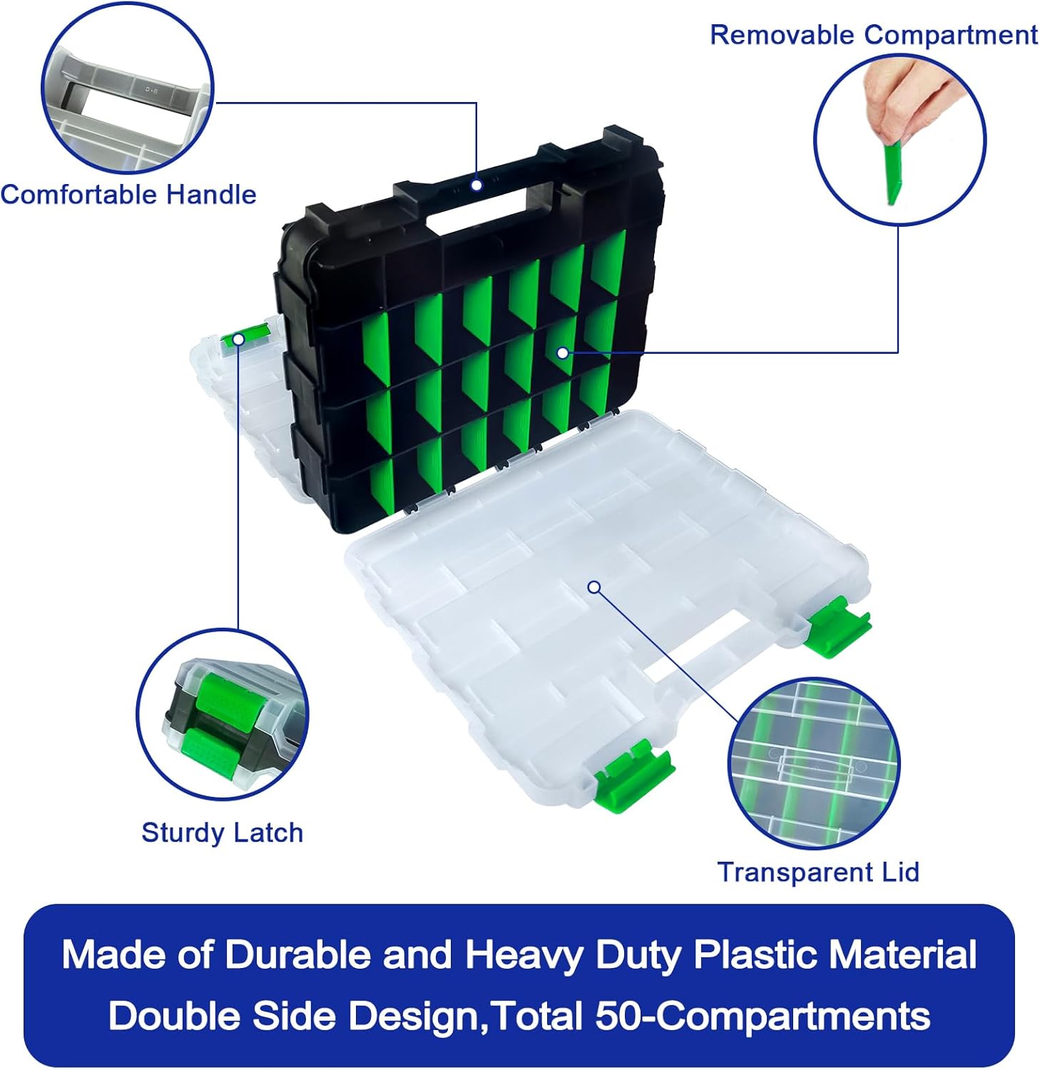 Tools Organizer Box Small Parts Storage Box 50-Compartment Double Side Hardware Organizers with Removable Plastic Dividers for Screws, Nuts, Nails, Bolts, Green - Image 6