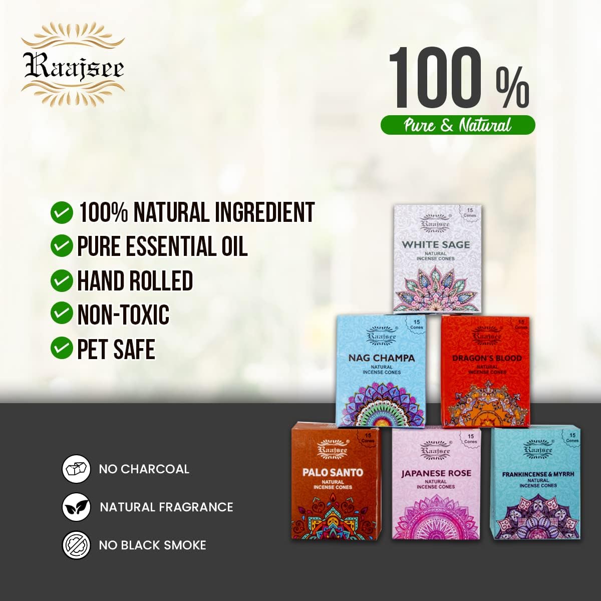 Raajsee Natural Incense Cones,6 Pack Mixed Scents Gift Pack 15 pc Each (90 Total), Insense Cones Variety Pack, 100% Organic Non Toxic Natural - Hand Rolled Free from Chemicals (Pack 1) - Image 6