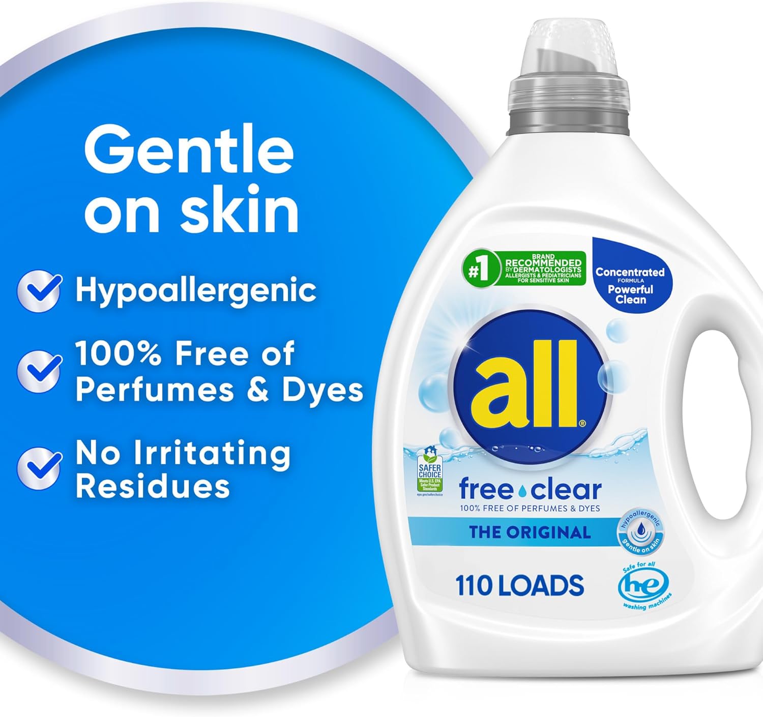 all free clear, Original, Liquid Laundry Detergent for Sensitive Skin, Unscented and Hypoallergenic, Concentrated, 82.5oz, 110 Loads - Image 2