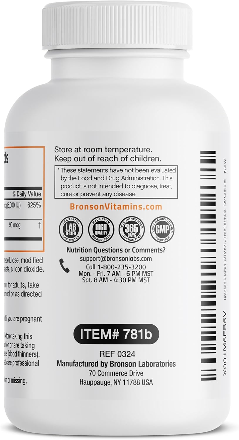 Bronson Vitamin K2 (MK7) with D3 Supplement Non-GMO Formula 5000 IU Vitamin D3 & 90 mcg K2 MK-7 Easy to Swallow D & K Complex, 120 Capsules - Image 7