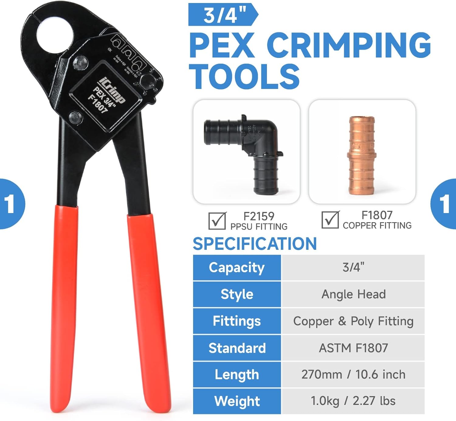 iCrimp IWS-1807CN PEX Crimping Tool Kit with PEX Crimpers, PEX Tubing Cutter, Copper Ring Removal Tool for 1/2’’ & 3/4’’ Copper Crimp Rings, Meets ASTM F1807 Standard - Image 2