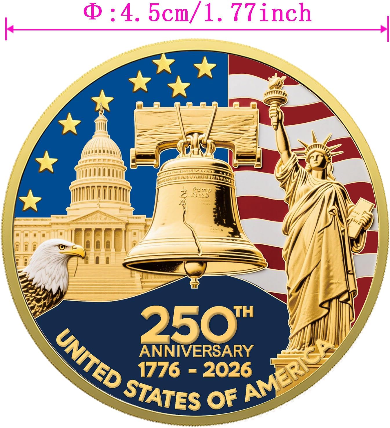 Upgrade 1.77-inch 250th Anniversary Commemorative Coins - Golden American Flag & Liberty Bell Design Collectible Coins, Durable Metal Anniversary Coins for Display, Collectors & Gift Idea (L-1PCS) - Image 4