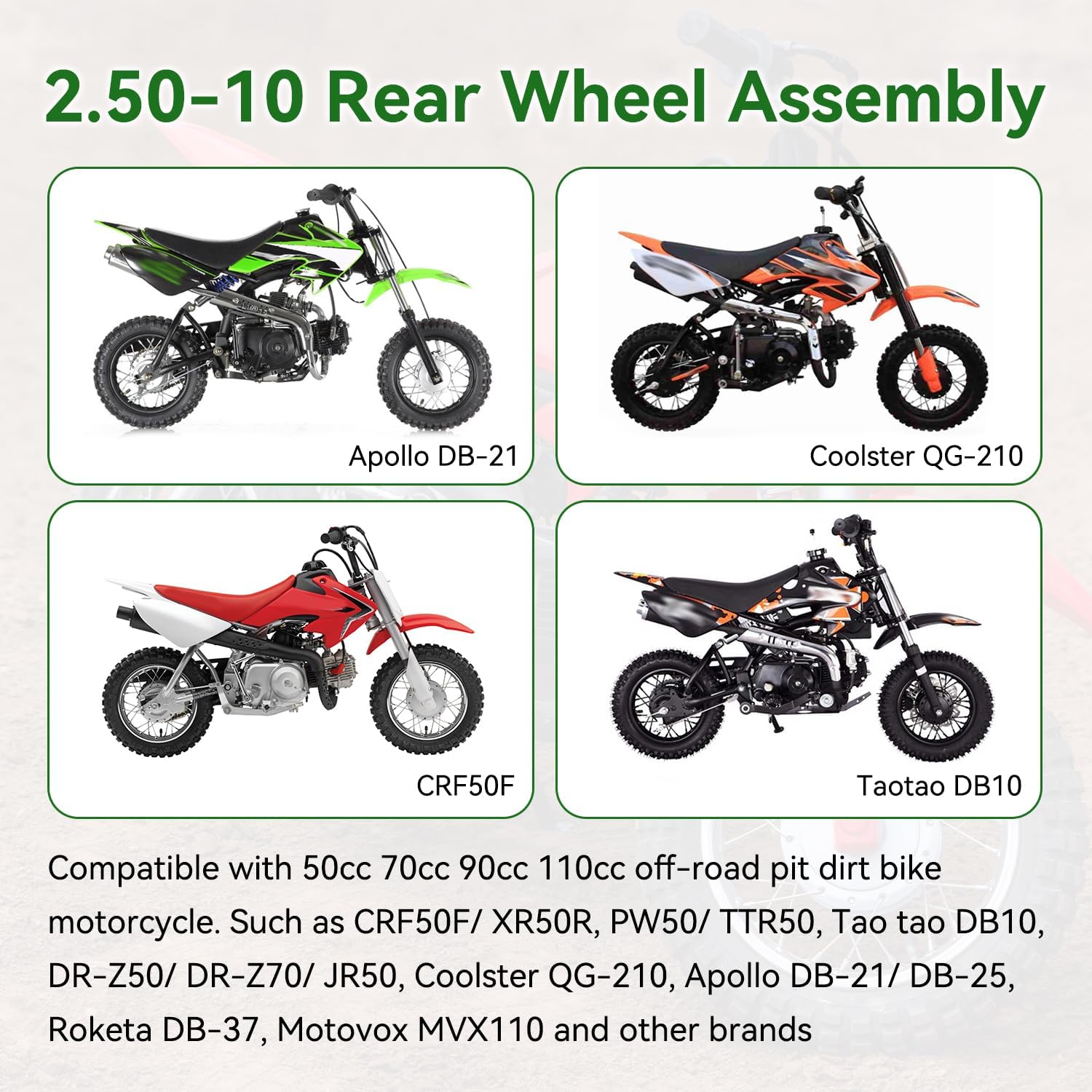 2.50-10 Dirt Bike Rear Wheel Drum Brake Assembly Compatible with CRF50 XR50 TTR50 SSR Taotao Apollo, 2.5-10 2.50x10 Tire & Rim for 50cc 70cc 90cc 110cc Pit Bike Off Road Motorcycle Parts - Image 5