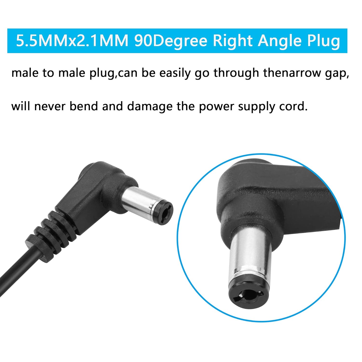 GINTOOYUN DC 5.5MM x 2.1MM 90 Degree Male to Male Plug Cable DC5521 Right Angle Coiled Power Adapter Extension Cord for CCTV Surveillance Security Camera LED Strip etc(2 Pack) - Image 4