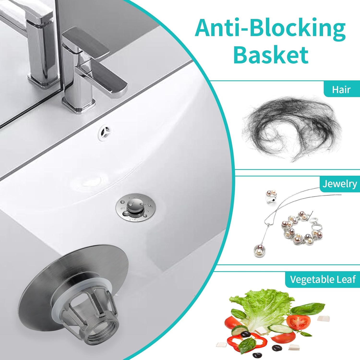 Universal Bathroom Sink Stopper with Hair Catcher, for 1.04-1.97 Inch Drain Hole, Spring Core Bathtub Drain Cover, Pop Up Sink Plug Basin Drain Strainer, Large Lid Gray - Image 5