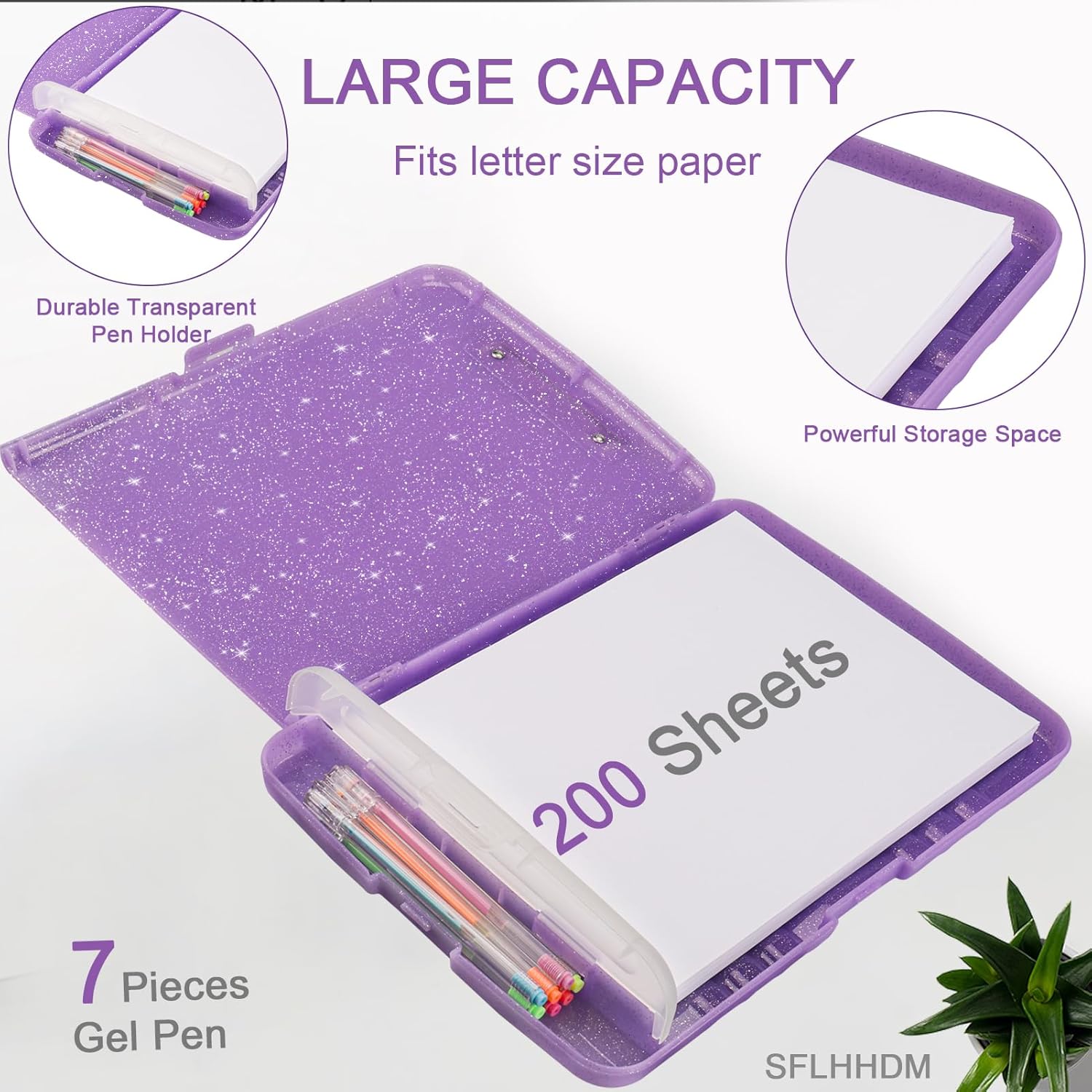 Glitter Clipboard with Storage,Storage Clipboard with Pen Holder,A4 Binder Clip Boards 8.5x11 with Low Profile Clip,Side Opening Sparkle Clipboards, Clipboards Folder for Office Supplies-Pale Purple - Image 3
