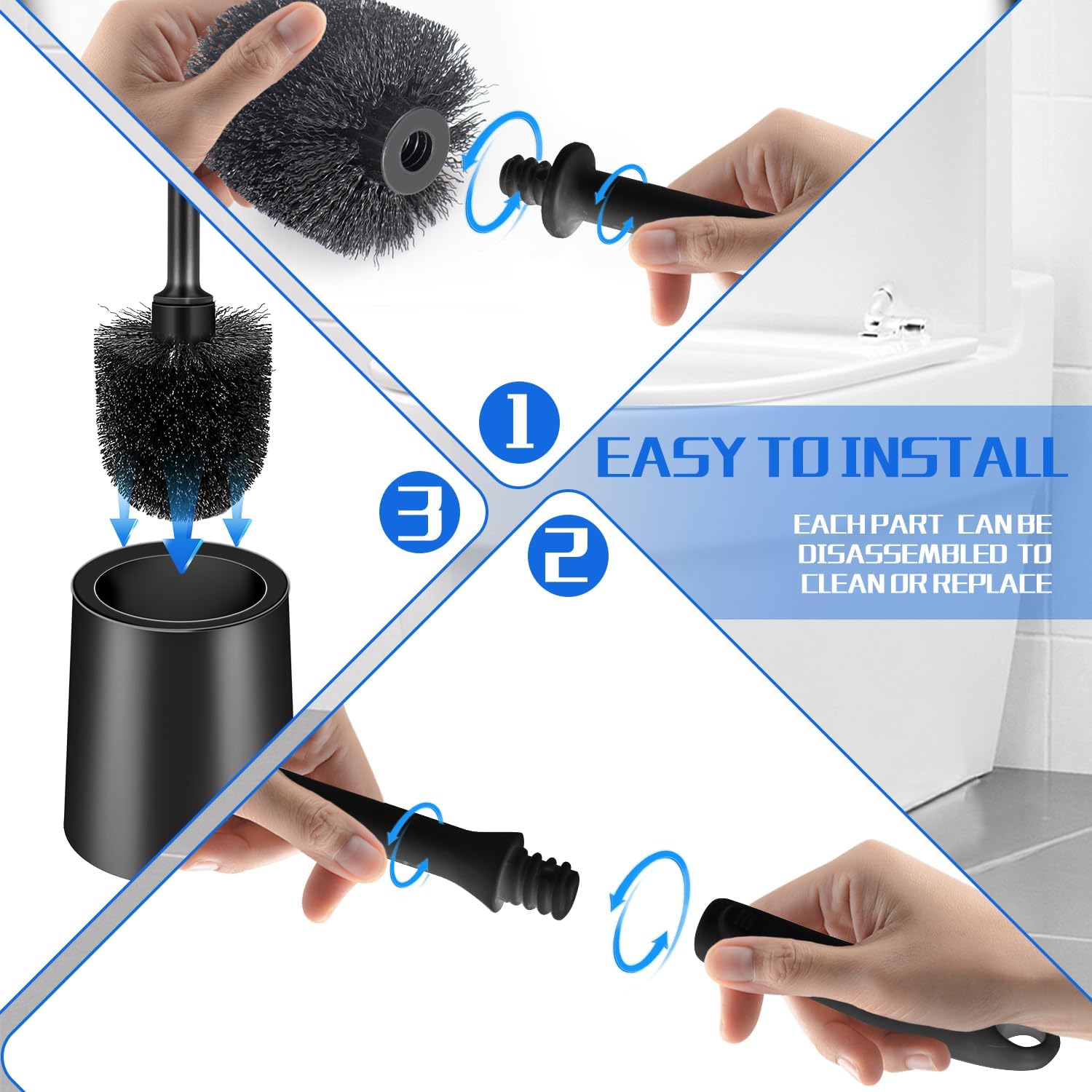 AONEZ Toilet Brush and Holder Set, 2 Pack Long-Handle Toilet Brush, Non-Slip Grip, Nylon Bristles, Deep Cleaning for Bathroom, Toilet Scrubber- Black - Image 7