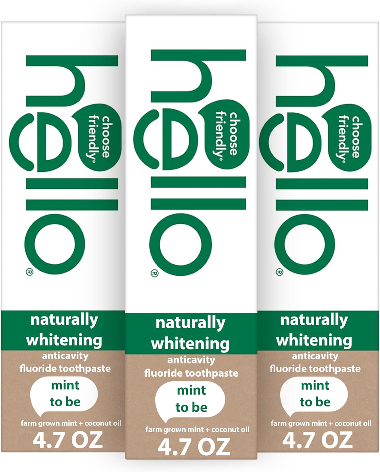 hello Naturally Whitening Fluoride Toothpaste, Natural Whitening Toothpaste with Coconut Oil and Tea Tree Oil, Tames Bad Breath, Helps Moisturize, and Fights Cavities, Mint, 3 Pack, 4.7 Oz Tubes