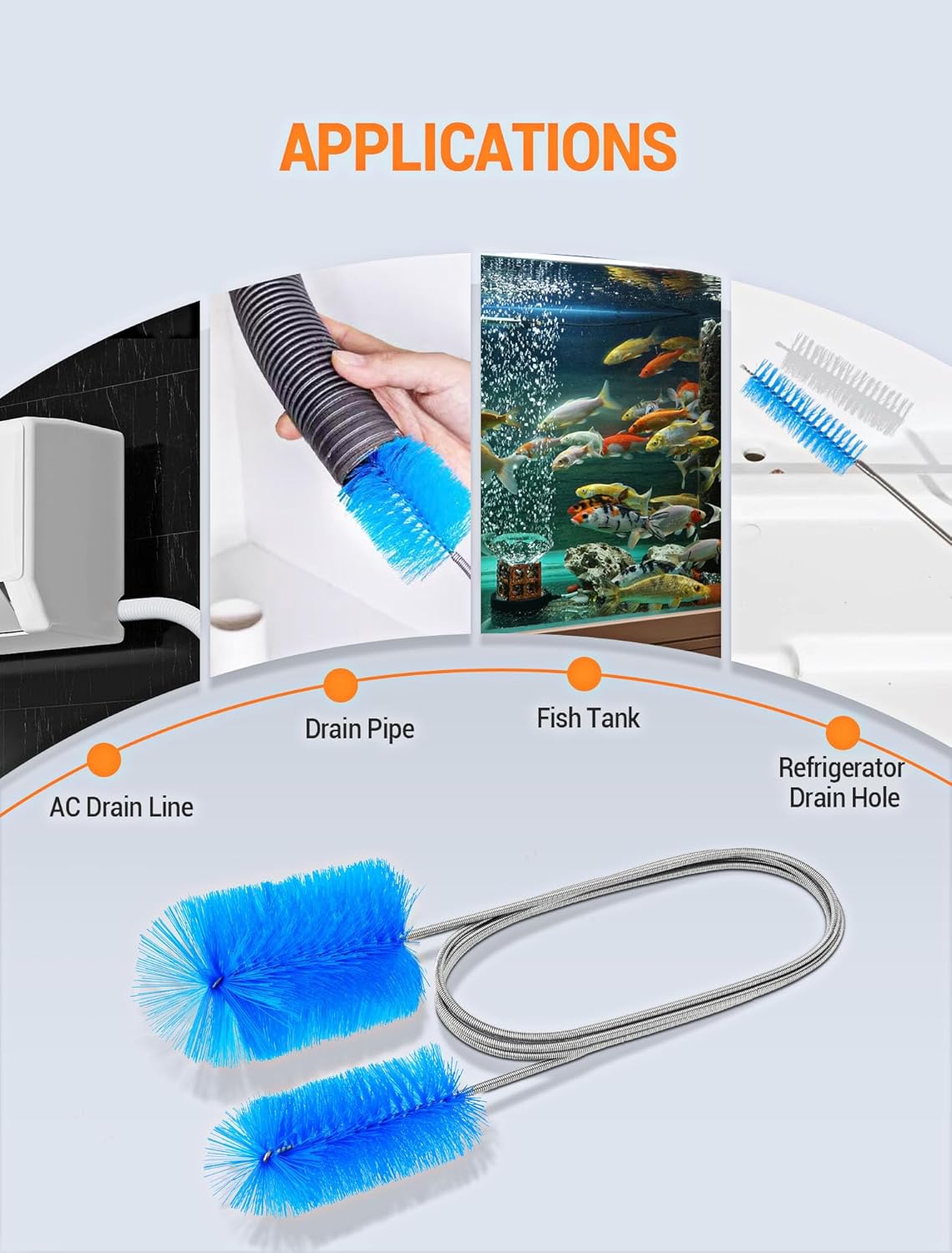 EVOULTES 66" Flexible Drain Brush Tool with Large Brush Head and Double Elastic Nylon Ends, Stainless Steel Long Tube Cleaning Brushes for Kitchen, Sink, Drain Pipe and Long Pipe Cleaning - Image 7