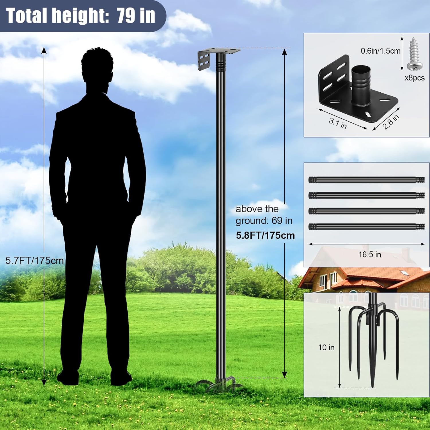 Gtongoko Smart Bird Feeder Pole 1-Inch Dia 79 Inch Bluebird House Pole for Outdoors Weather Station Heavy Duty Metal Mounting Kit Adjustable Bird Feeder Stand Black - Image 4
