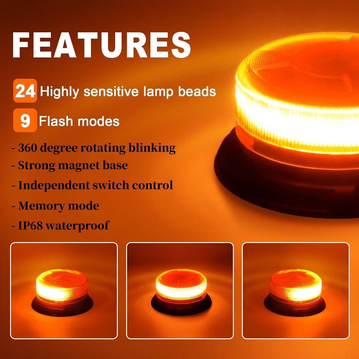 Rechargeable Beacon Lights,Wireless Strobe Light with Remote Control,Amber Magnetic Emergency Flashing Warning Safety Light for Vehicles Snowplow Tow Work Trucks Cars Trailer Outdoor - Image 5