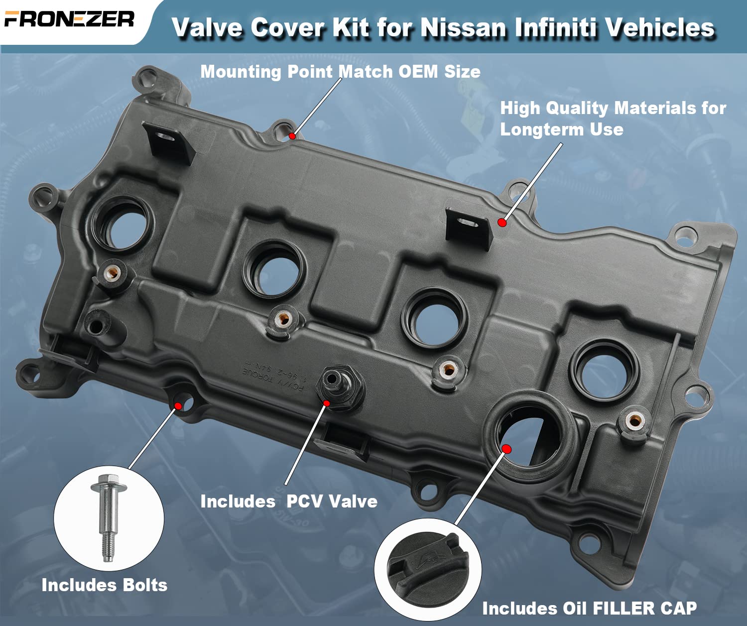 Engine Valve Cover with Gasket Bolts & Oil Filler Cap Compatible with 2013-2018 Nissan Altima 2016-2017 Nissan Murano 2014 Nissan Pathfinder 2014-2017 Nissan Rogue Infiniti QX60 2.5L Part# 13264-3KY0A - Image 5