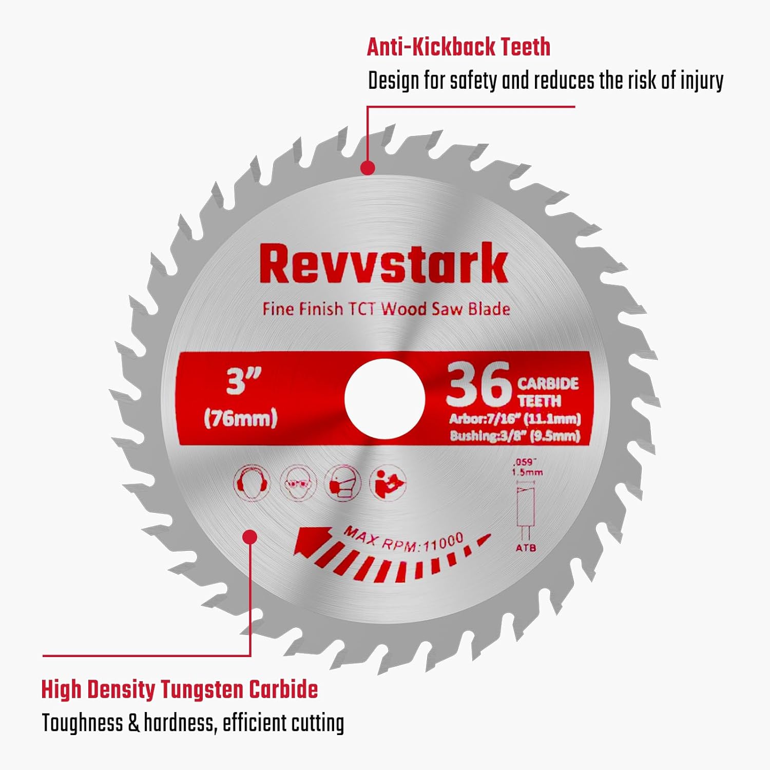 3 Pack 3 Inch 36 Tooth Carbide Circular Saw Blade for Wood, Plastic, PCV, Acrylic, Aluminum with 7/16" Arbor, 3/8" Bushing, Fit Dewalt Craftsman Ryobi Milwaukee - Image 4