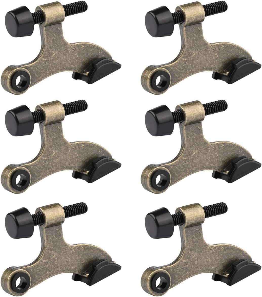 HOMOTEK 6 Pack Hinge Pin Antique Brass Door Stopper, Adjustable Deluxe Heavy Duty Door Stopper 2-1/2"x1-3/4”, with Black Rubber Bumper Tips