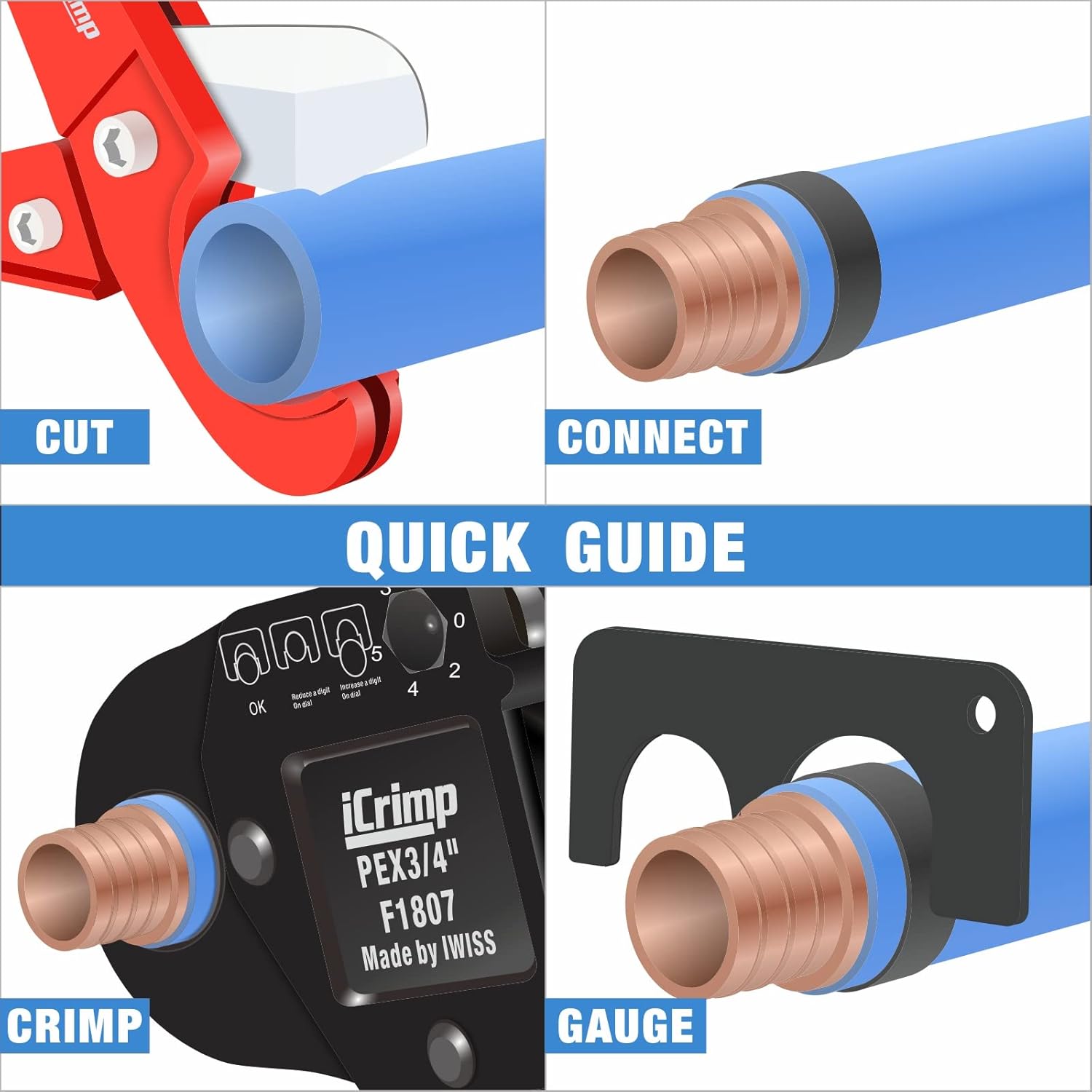 iCrimp IWS-1807CN PEX Crimping Tool Kit with PEX Crimpers, PEX Tubing Cutter, Copper Ring Removal Tool for 1/2’’ & 3/4’’ Copper Crimp Rings, Meets ASTM F1807 Standard - Image 8