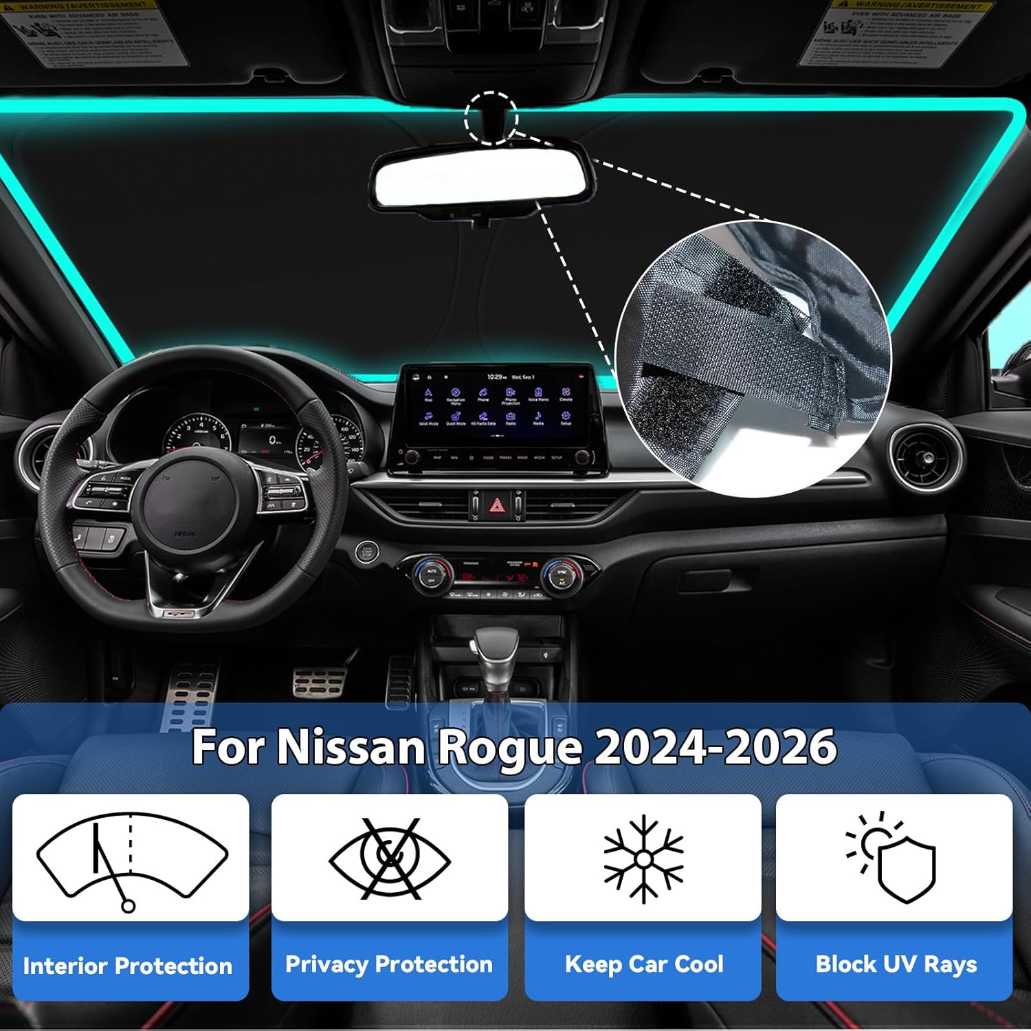 Windshield Sun Shade for 2024 2025 2026 Nissan Rogue(Not for Rogue Sport), Car Front Window Sunshade with 240T Sun Visor Protector Blocks UV Rays Heat Sun Shield Accessories
