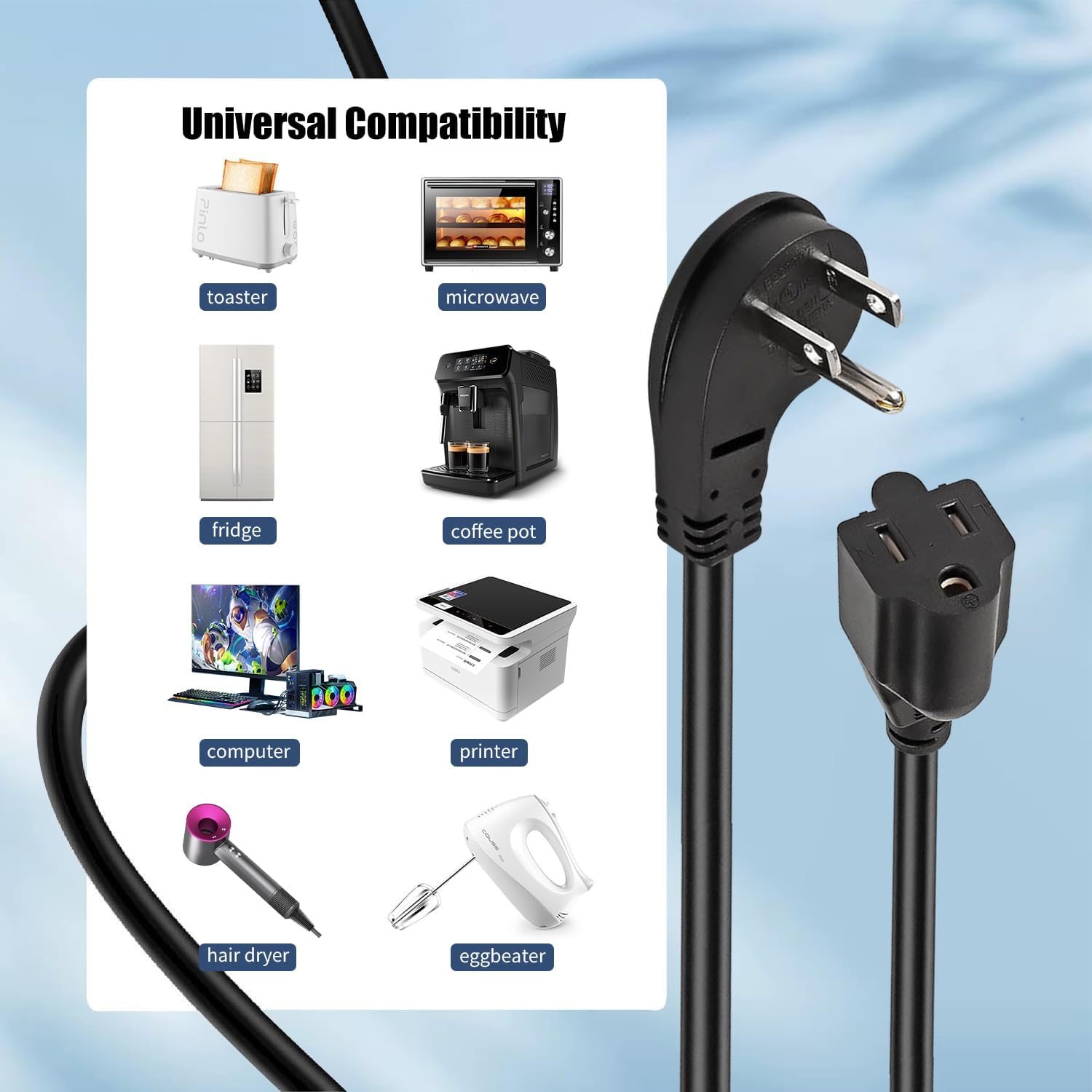1875W Short Extension Cord,15A 16AWG Low Profile Flat Plug Heavy Duty Extension Cord Outlet Saver 3-Prong Grounded Power Cable (Black1 Feet) - Image 3