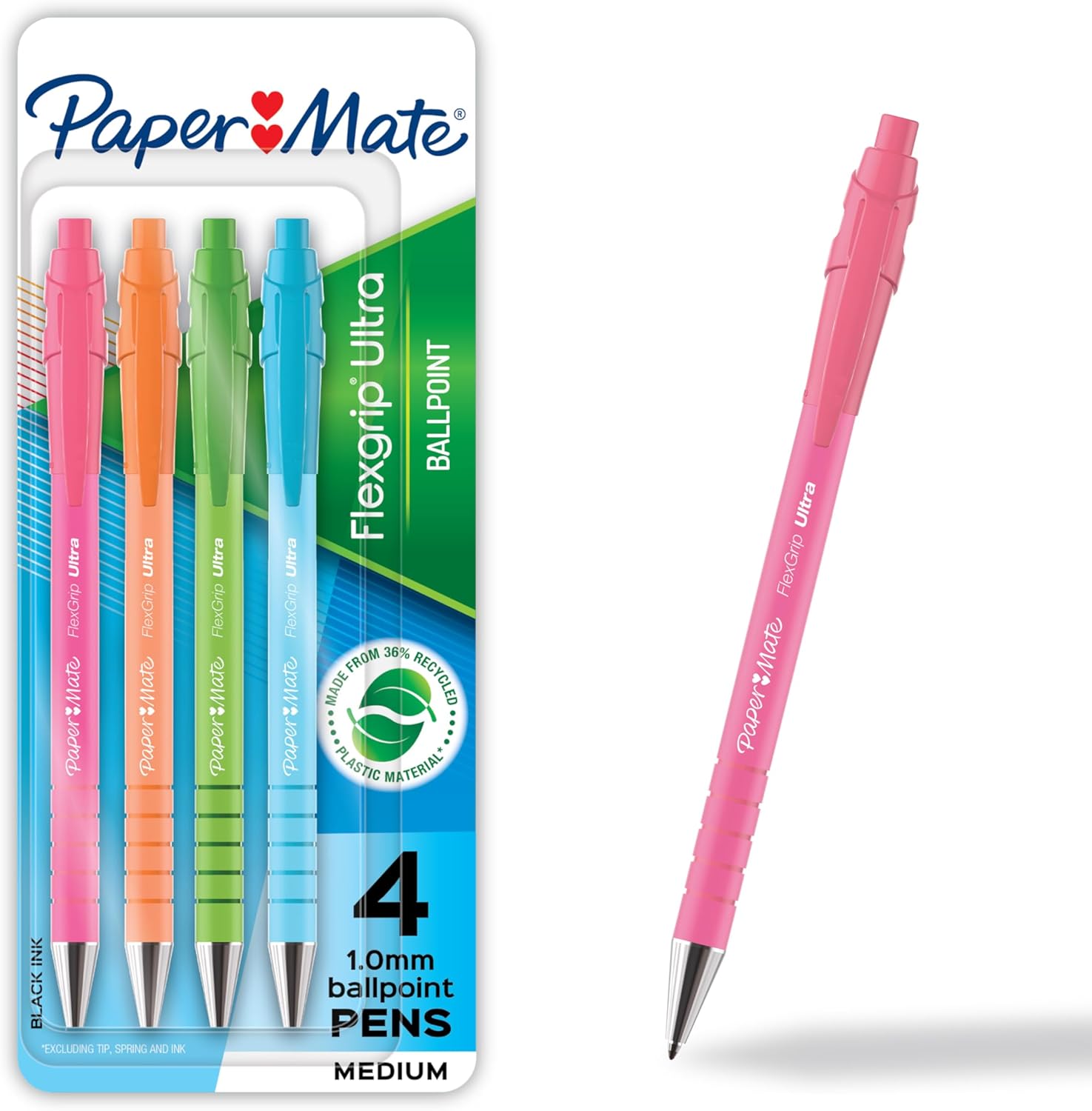Paper Mate FlexGrip Ultra Ballpoint Pens, Recycled Plastic Materials Assorted Barrel Colors Medium Point (1.0mm) Black 4 Count