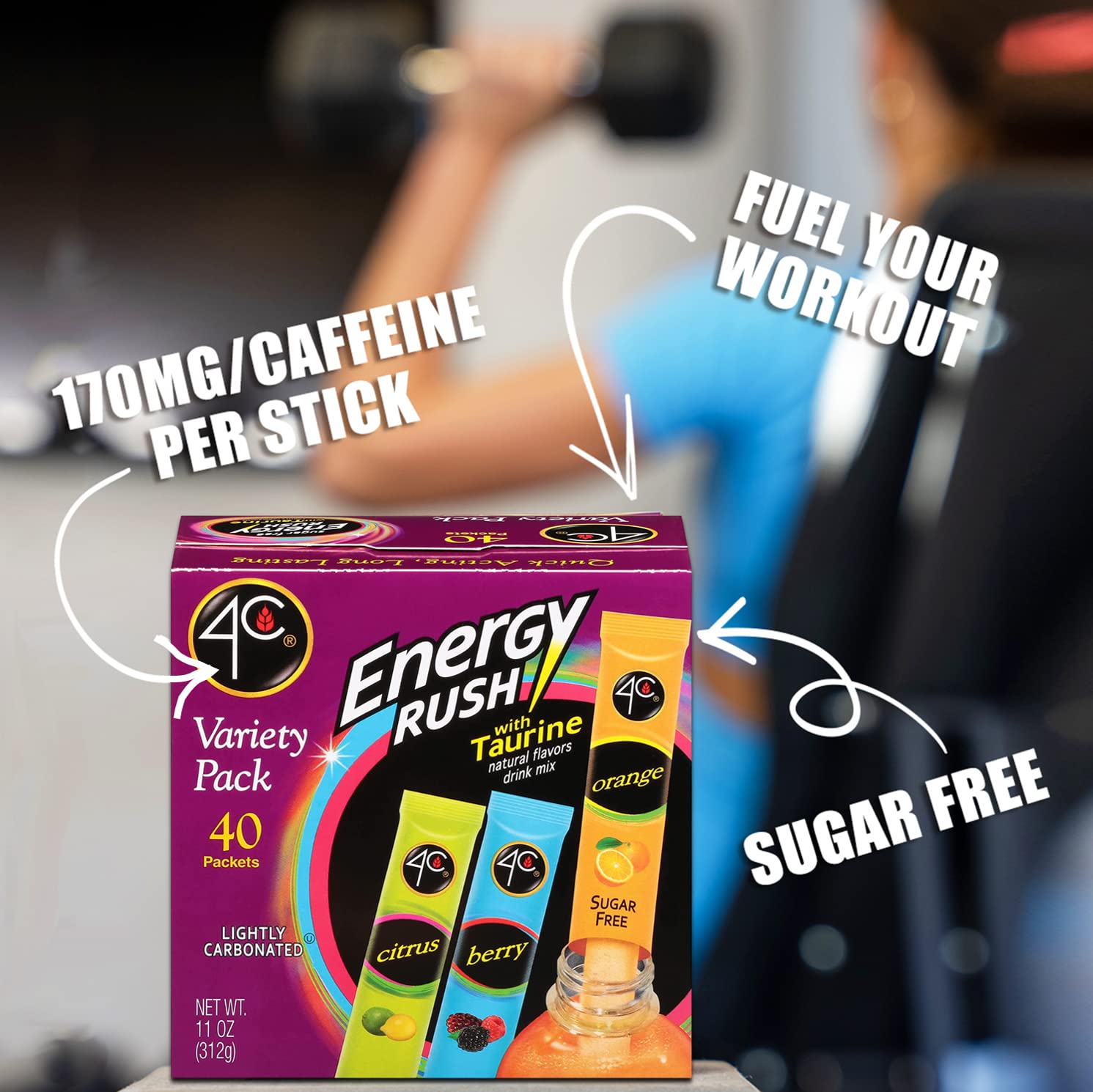 4C Energy Rush Stix, Variety 1 Pack, 40 Count, Single Serve Water Flavoring Packets, Sugar Free with Taurine, On the Go Bundle (20 Berry, 10 Orange, 10 Citrus) - Image 7