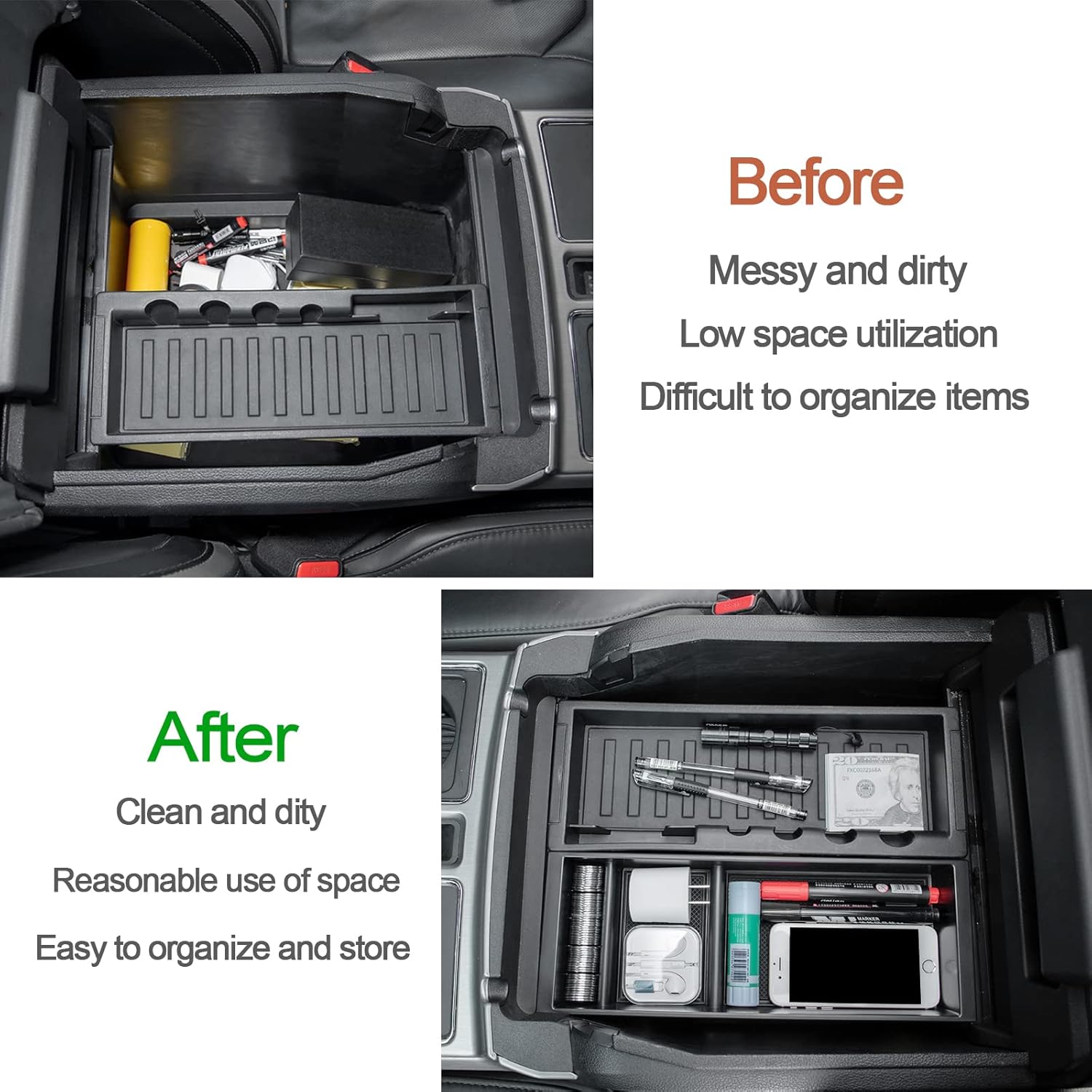 JDMCAR Compatible with Ford F150 Accessories (2015-2020) /F250 F350 F450 (2017-2022) / Expedition 2018-2022 Center Console Organizer, ABS Material Insert Tray Storage Box- (Bucket Seats ONLY)- Black - Image 2