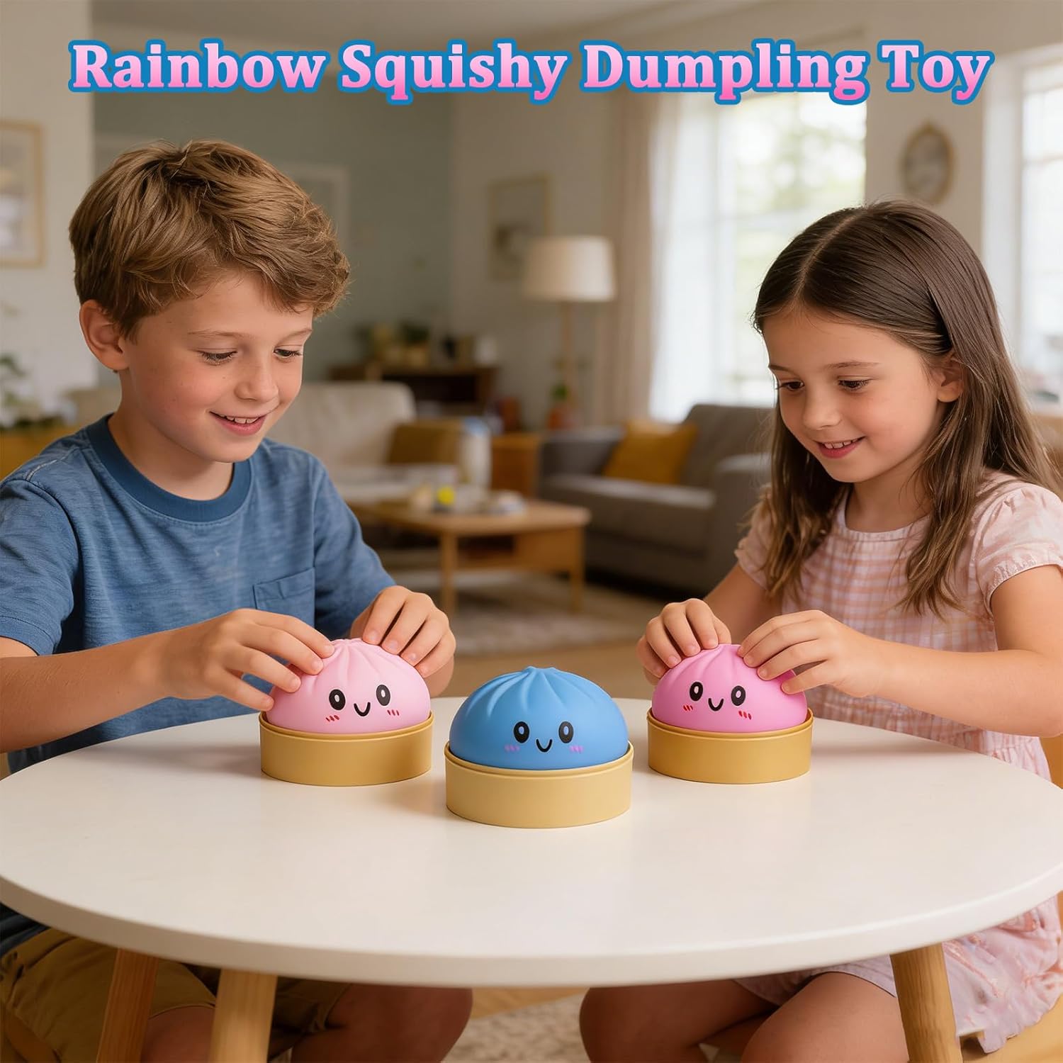 Dumpling Squishy Toy, Dumpling Squishy Mystery Box, Colorful Dumplings Stress Balls Fidget Sensory Toy, Squeeze Dough Ball Stress Relief Hand Toys with Food Steamer Stretchy Desk Toys (Pink) - Image 2