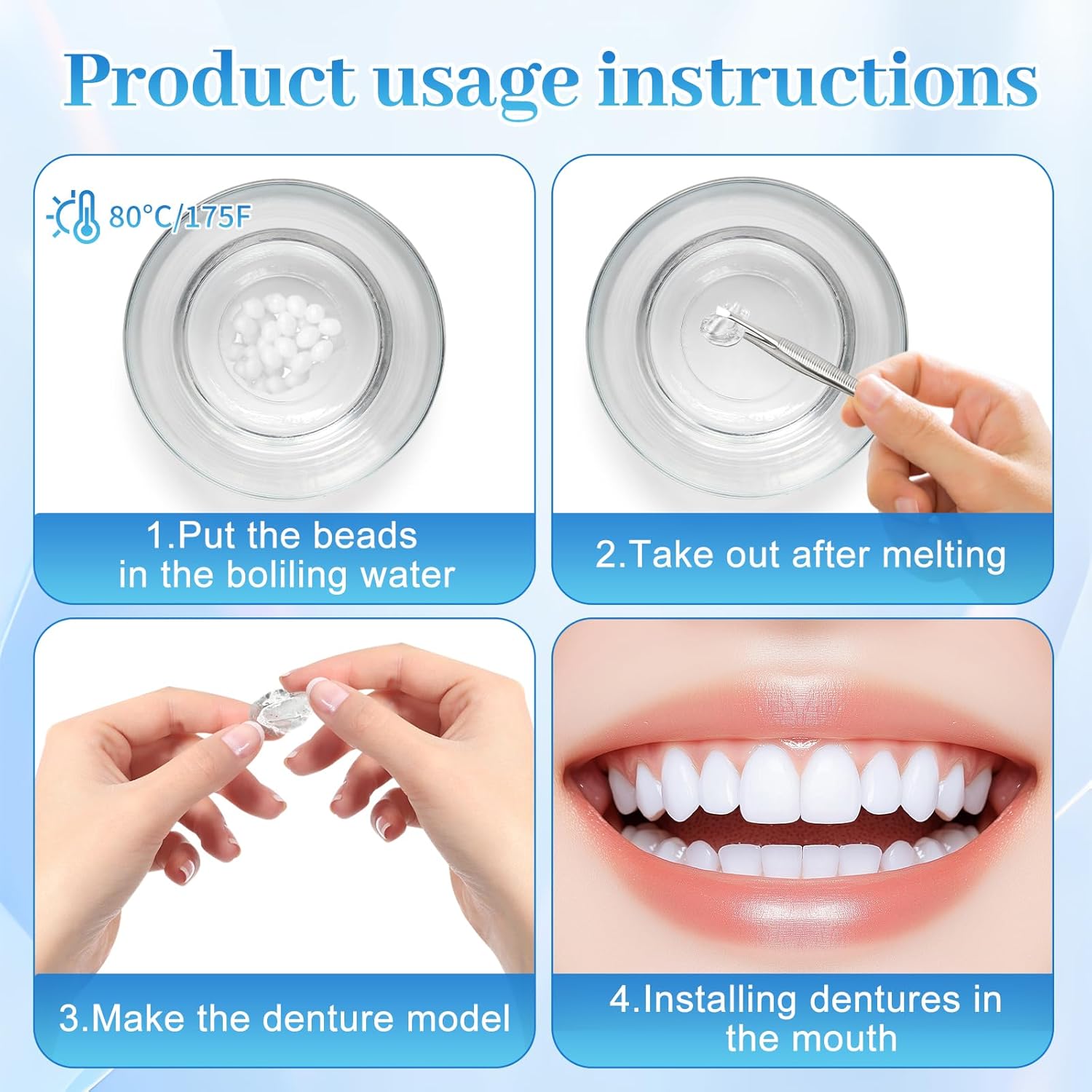 10.9oz Tooth Repair Beads - Teeth Replacement Kit for Temporary Restoration of Missing and Broken Teeth, DIY Heat Fit Beads for Denture Repair and Oral Care - Image 6