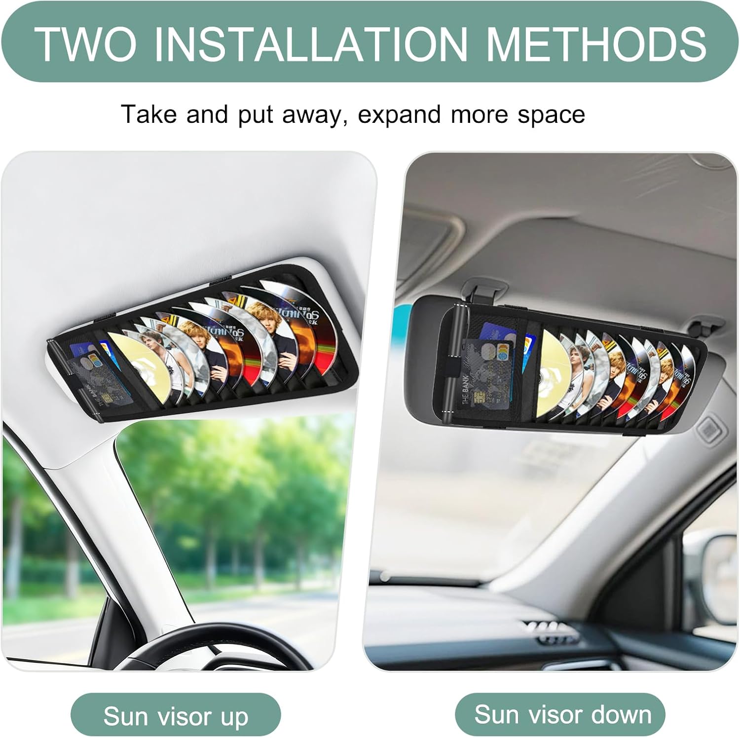Sun Visor CD Holder, 12-Capacity Car Visor Organizer with DVD Sleeves and Mesh Pocket, Universal Visor Storage for Vehicle CD Case and Pen Holder Ergonomic Design (Black 1 Pcs) - Image 5