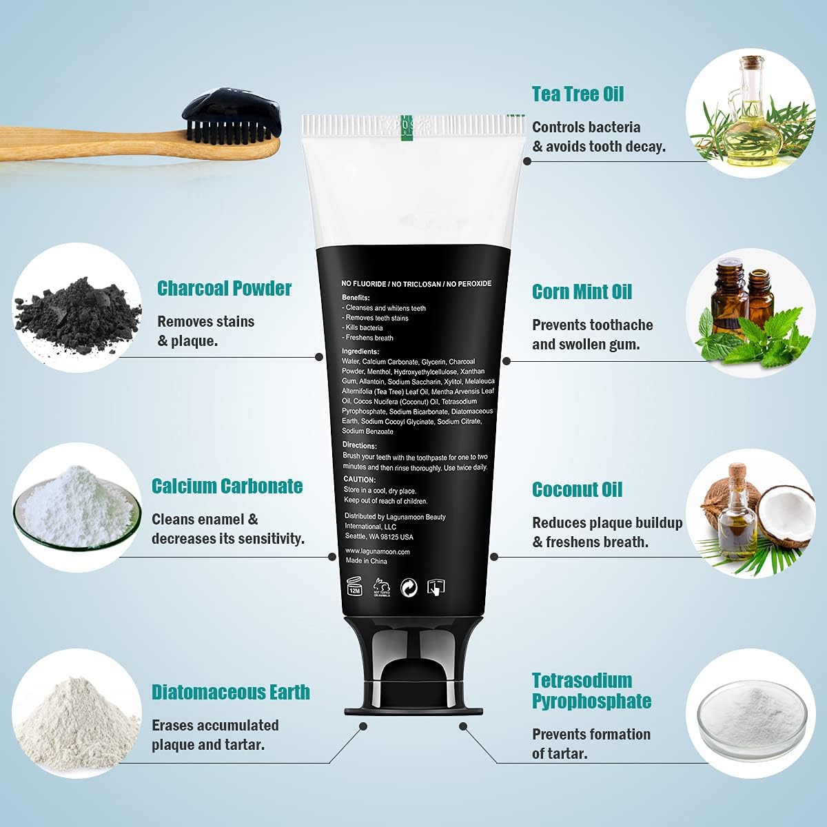 Lagunamoon Whitening Charcoal Toothpaste for Sensitive Teeth, Enamel Repair, Cavity Protection - Natural Toothpaste for Whitening, Removing Stains, Mint Flavor Freshen Breath Mint Gel - No Peroxide - Image 2