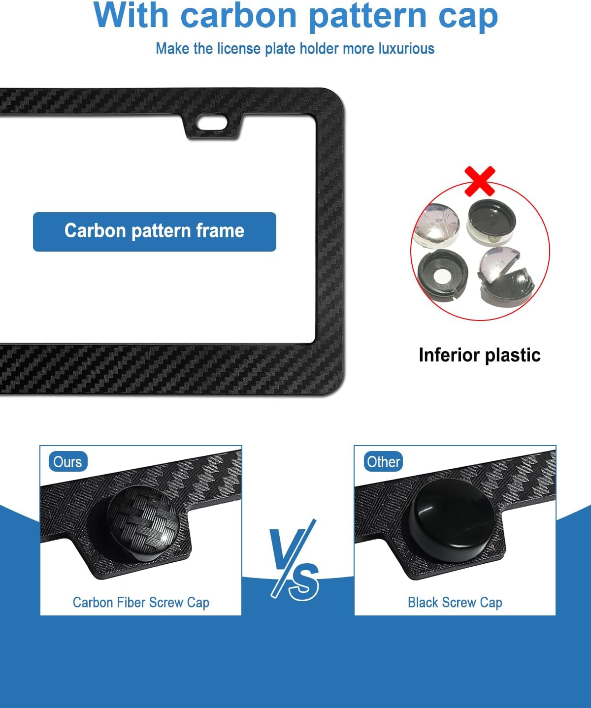 Carbon Fiber License Plate Frames- Black Plastic Car Tag Holder, 2 Pack 2 Hole Front Rear Bracket with Screw Caps and Car Door Handle Stickers - Image 4