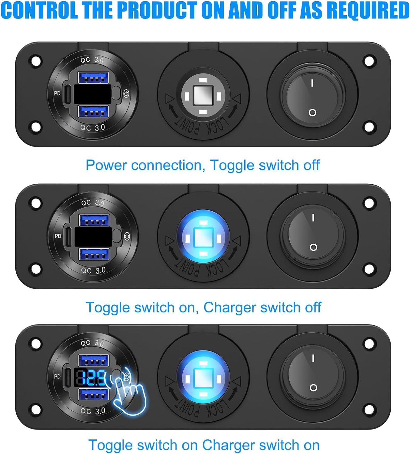 12V USB Outlet Boat Accessories Marine Switch Panel Plug, PD3.0 and Dual QC3.0 USB Ports Aluminum Car Charger with Voltmeter, Lighted 150W Cigarette Lighter Socket and Toggle Switch 3 in 1 DIY Kit - Image 6