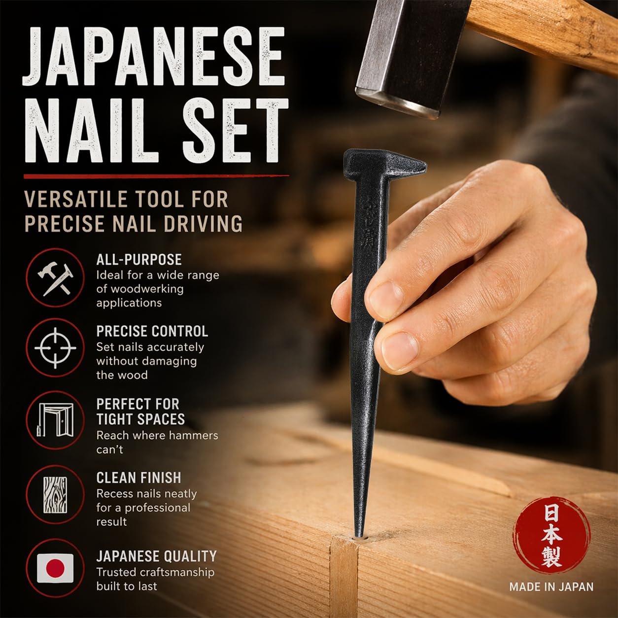 KAKURI Nail Punch Tool for Woodworking 1/8" - Made in Japan - KUGISHIME Japanese Nail Setter, Hevy Duty Japanese Steel - Black - Image 2