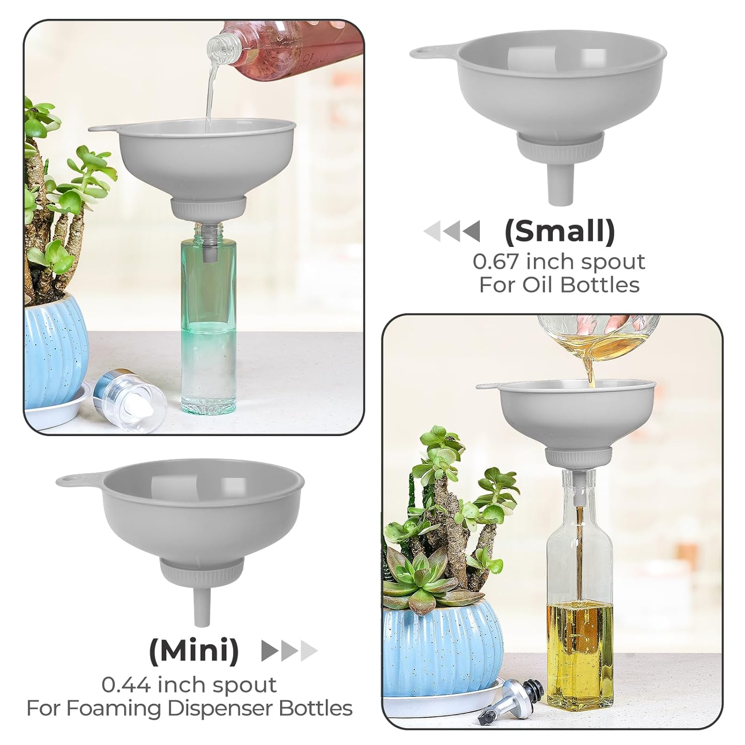 Pisol Wide Mouth Versatile Funnel, Canning Funnels for Kitchen Use, Food Grade Plastic Cooking Funnel Set with 4 Size Spouts and 2 Strainers for Filling Different Bottles and Bags, Grey - Image 4