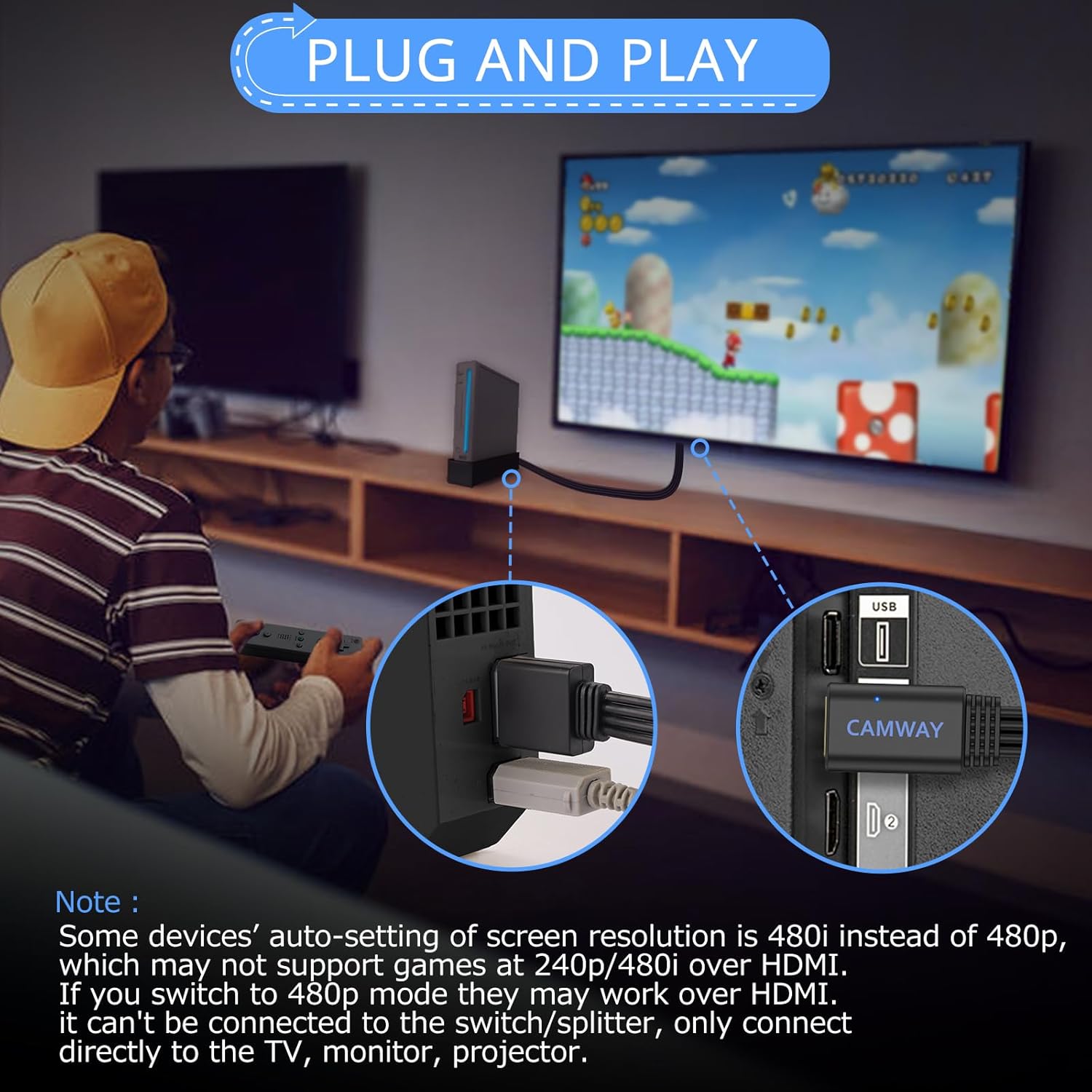 CAMWAY Wii to HDMI Converter - 1080P 5ft Wii HDMI Adapter Male Cable for Full HD Device, Compatible with Wii, Wii U, HDTV, Monitor, Supports All Wii Display Modes,Plug and Play,Black - Image 4