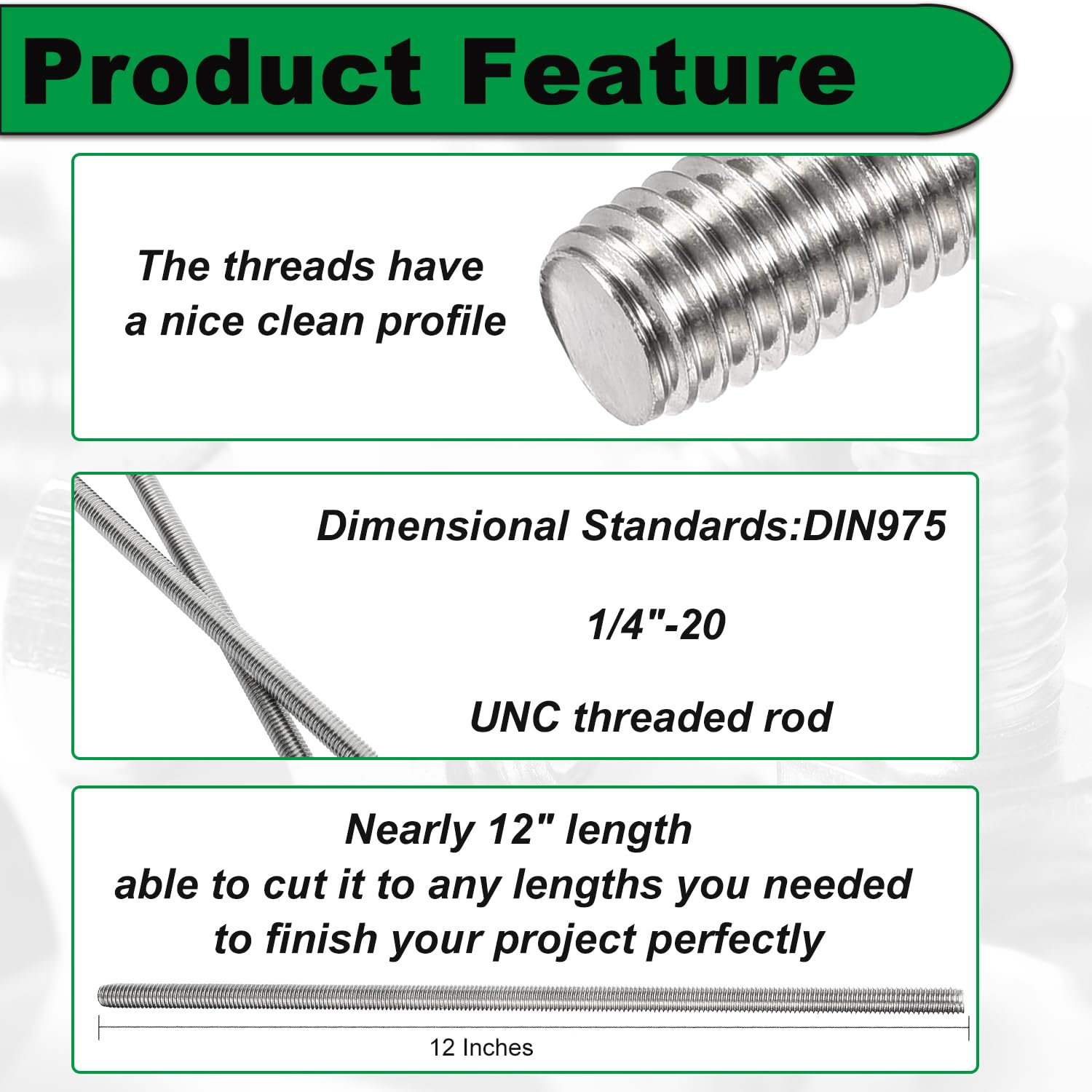 1/4-20 x 12 Fully Threaded Rod, 4PCS 1/4"-20 12 in All Threaded Rods, 304 Stainless Steel, Right Hand 12 inches Long Screw Rods Replacement for Lawn Mower Carburetor Bolt - Image 5