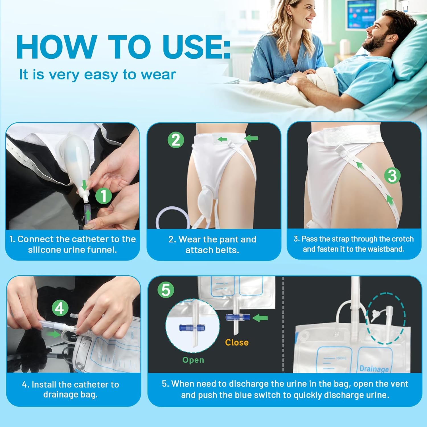 Catheter for Men, Urine Collection Bag for Elderly Men Male Age 80, Reusable Portable Silicone Urinal with 2 Bags (White-Men) - Image 5