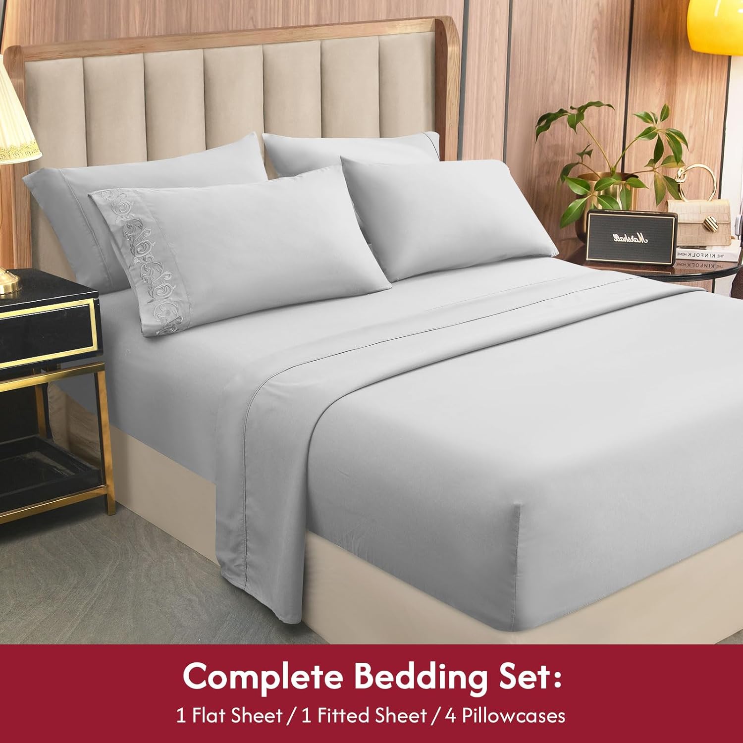 LONAVA California King Size Sheet Set - 6 Piece Hotel Luxury Wrinkle-Free Microfiber Sheet, Oeko-TEX Certified, Breathable & Elastic, 16" Deep Pockets, Light Gray - Image 5