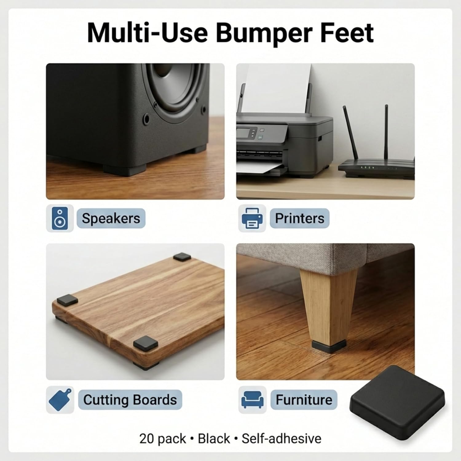 Black Tall Square Adhesive Rubber Bumper Pads - Made in USA – Rubber Feet for Speakers, Electronics, Furniture, Appliances, Audio Equipment - 20 Pieces - Image 6