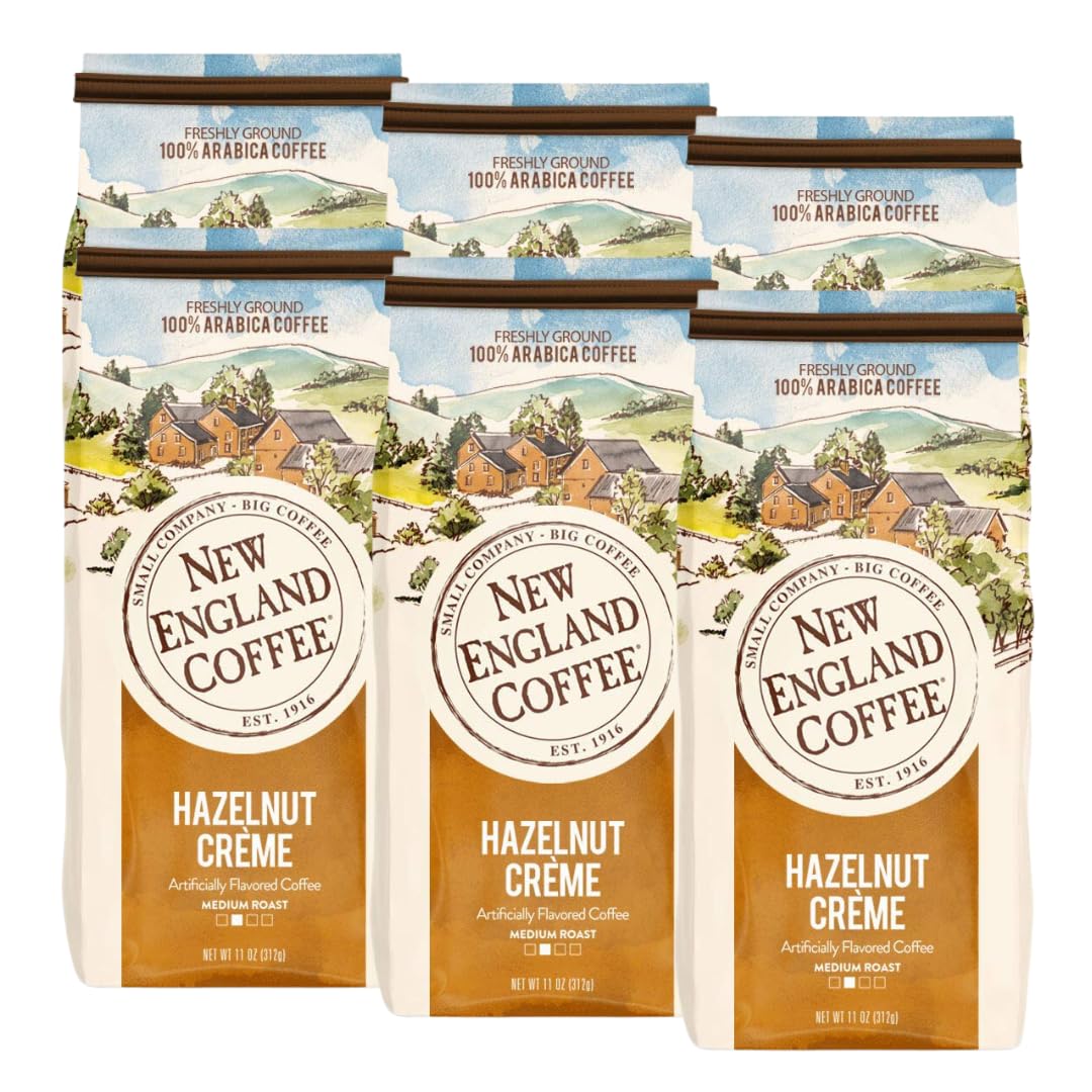 New England Coffee Hazelnut Creme Medium Roast Ground Coffee, 11oz Bag (Pack of 6)