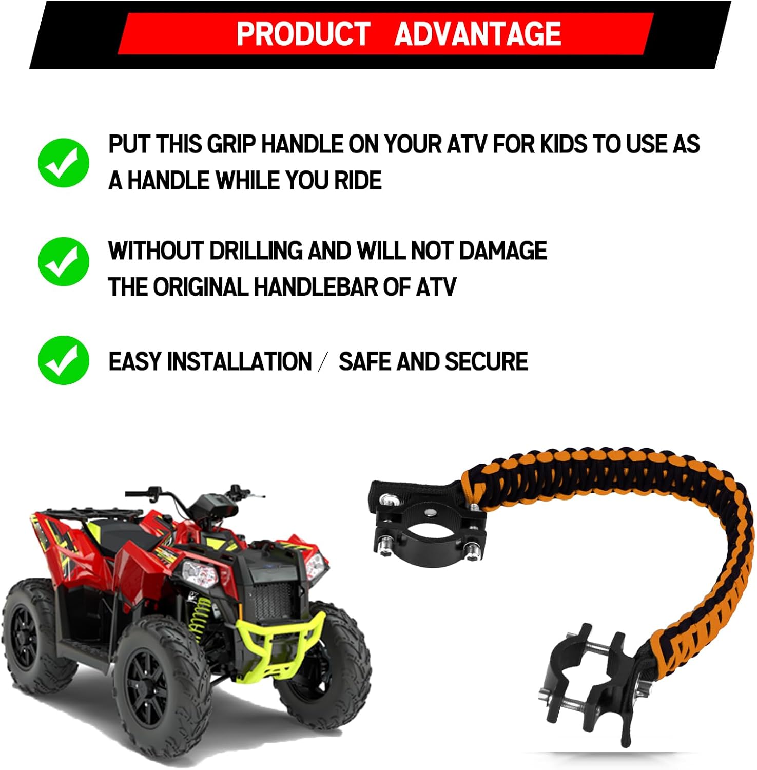 Xislet ATV Grab Strap Compatible with Polaris Sportsman Can Am Outlander Honda Foreman Motocycle Bike ATV Paracord Grip Handle for Kids Universal for 0.75-1.37 Inch Handlebars - Image 4