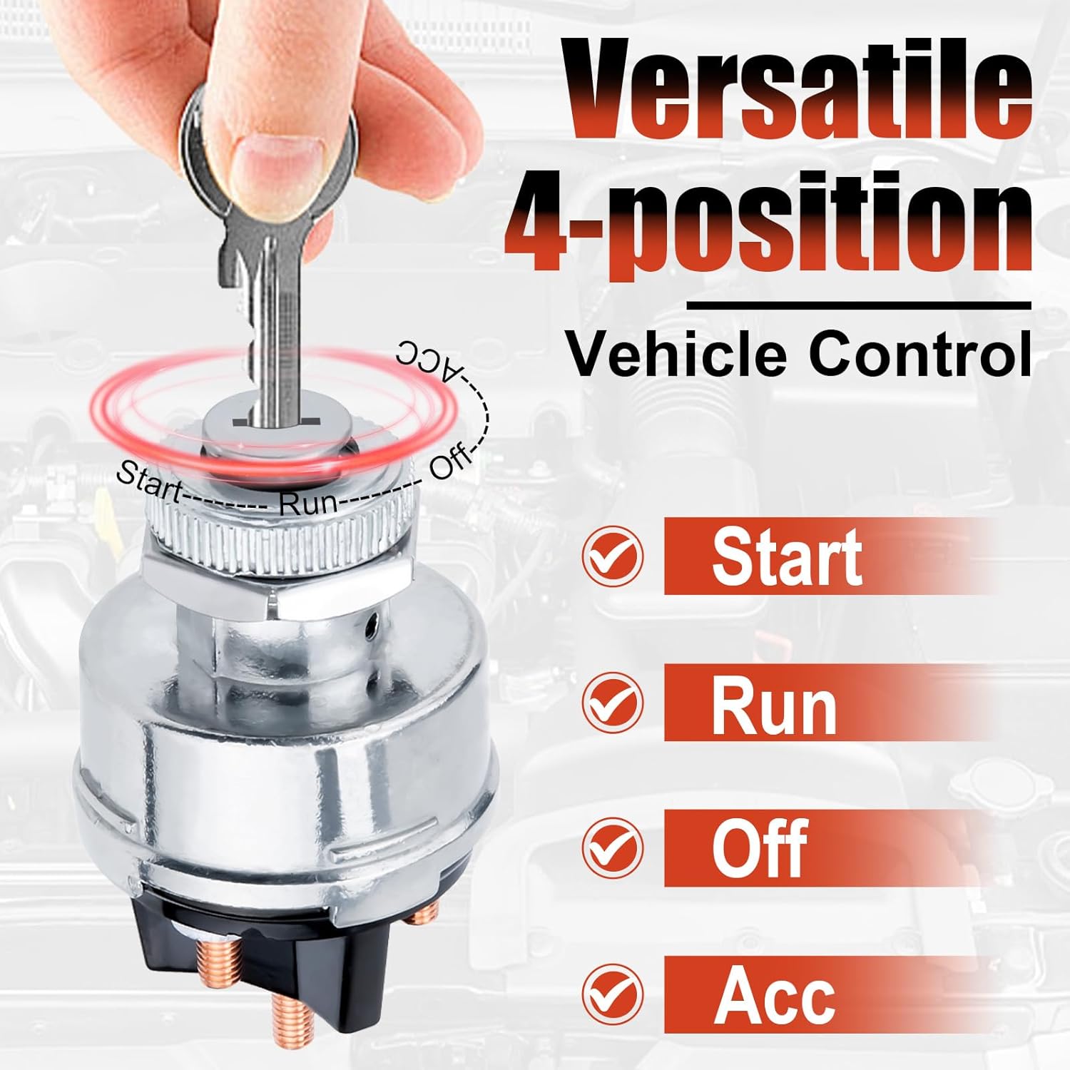 Ignition Switch with Key, Universal Ignition Key Switch, 12V 4 Position Starter Key Ignition Switch, Fits Most Car, Truck, Tractor, Trailer, Forklift, and More, Acc/Off/IGN/Start 4 Terminal - Image 3