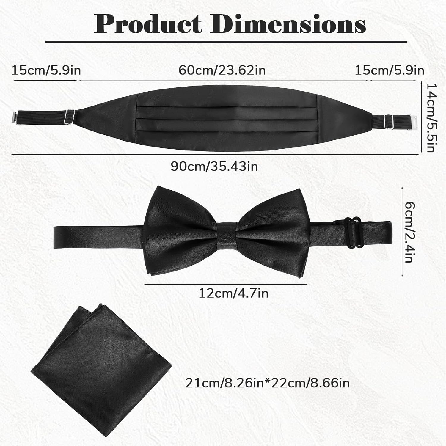 Cumberbund and Bow Tie Set, Solid Color Cummerbund for Men with Adjustable Band Bow Tie and Pocket Squares Men's Cummerbunds for Tuxedo Special Occassions Bar Party Wedding (Black) - Image 2