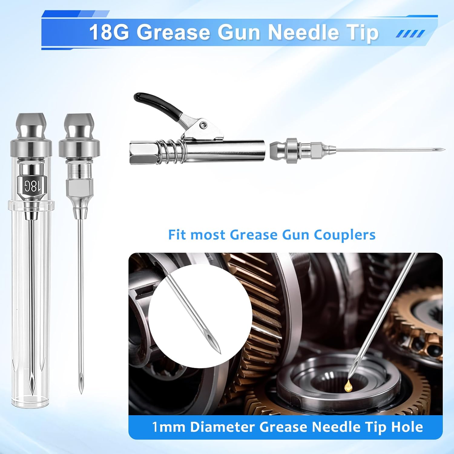 Grease Gun Fittings Accessory Kit - Grease Gun Coupler, 90 Degree Grease Coupler Adapter with Sleevers, Grease Neddle Dispenser, 2 Grease Needle Nozzle Tips, 12" Grease Gun Hose, Zerk Fitting Cleaner - Image 4