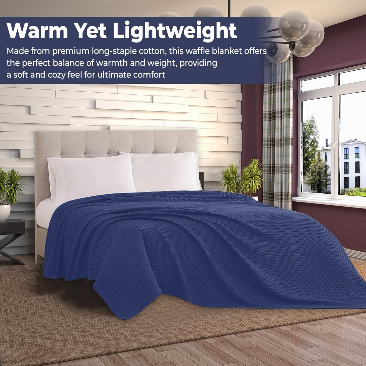 100% Cotton Blankets for Bed - Waffle Weave Blankets for Summer, Lightweight and Breathable Soft Woven Blanket for Spring (Navy, Queen (90" x 90")) - Image 6