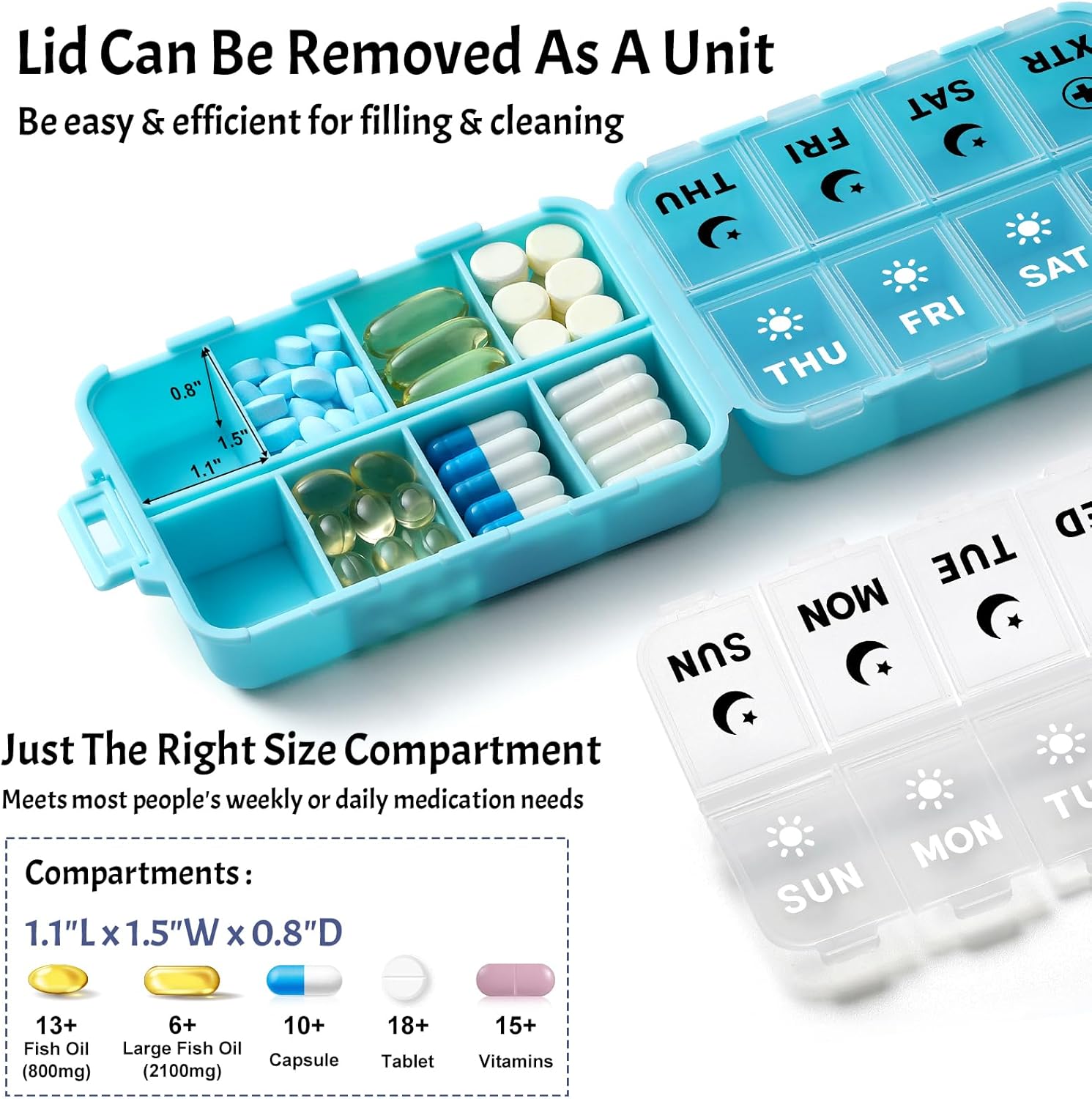 Foldable Weekly Pill Organizer 2 Times a Day with 2 Extra Compartments (Clear Printed Labels) - Portable 7 Day AM PM Medicine Box, Week Daily Travel Pill Case Holder for Vitamin, Supplement - Sky Blue - Image 3