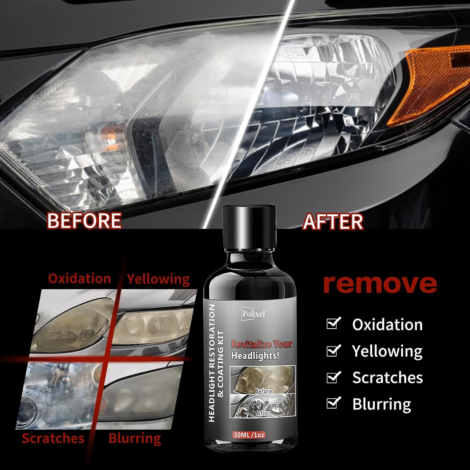 Car Headlight Restoration Kit, Instant Headlamp Restorer with Clarity Coating Fluid, Sandpaper Oxidation Removal Cleaner to Fix Cloudy, Yellowing, Scratches & Stains -1oz/30ml - Image 2