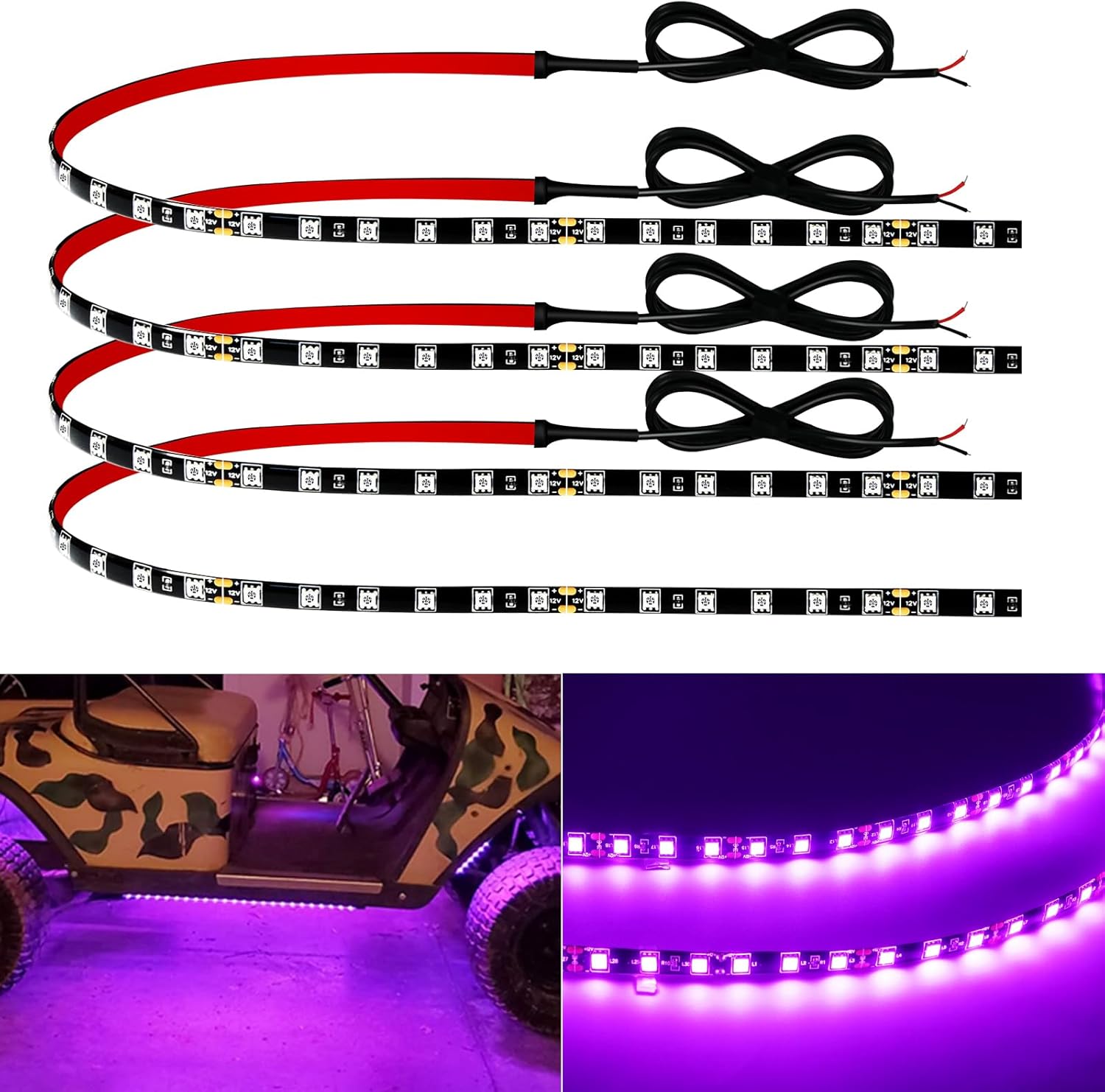 Car Led Strip Lights 24" Connectable 12V Led Light Strip for Cars Golf Cart Boat Marine Motorcycle Interior & Exterior Waterproof Strip Pink, 4Pack